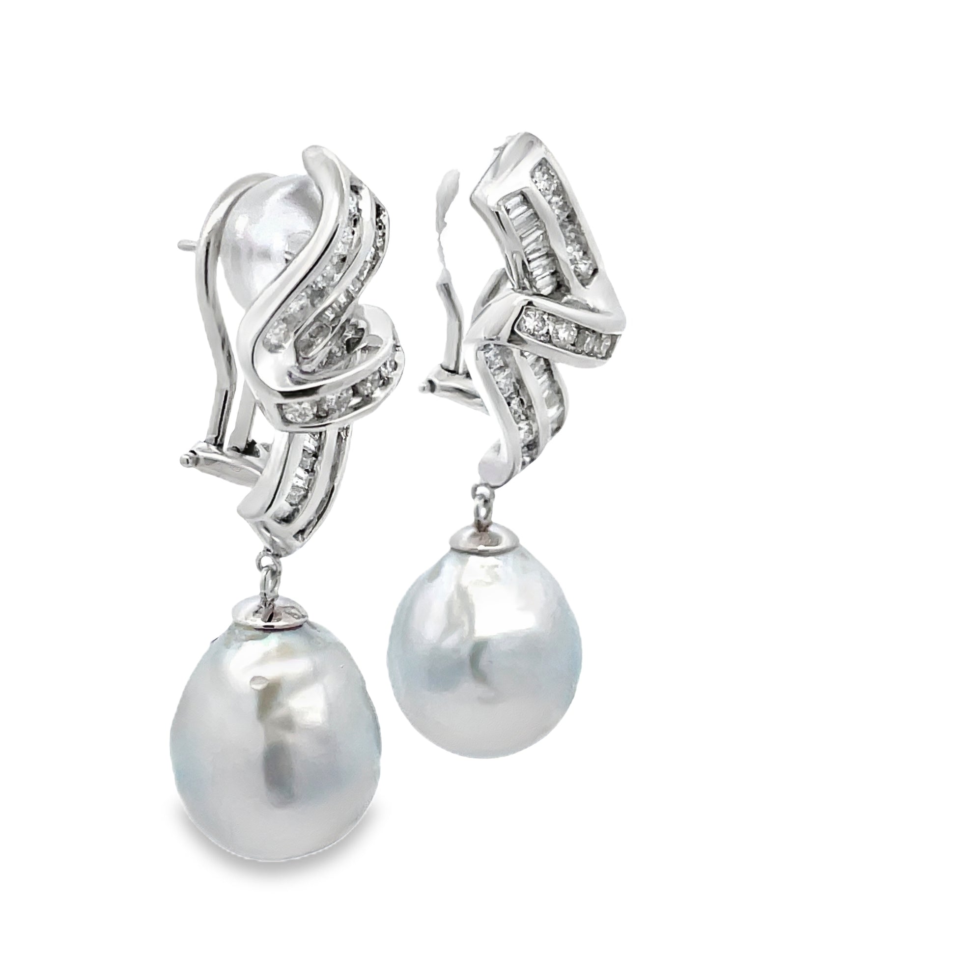 Side view of 14k White Gold Diamond Drop Baroque South Seas Gray Pearl Earrings 13.50 mm 