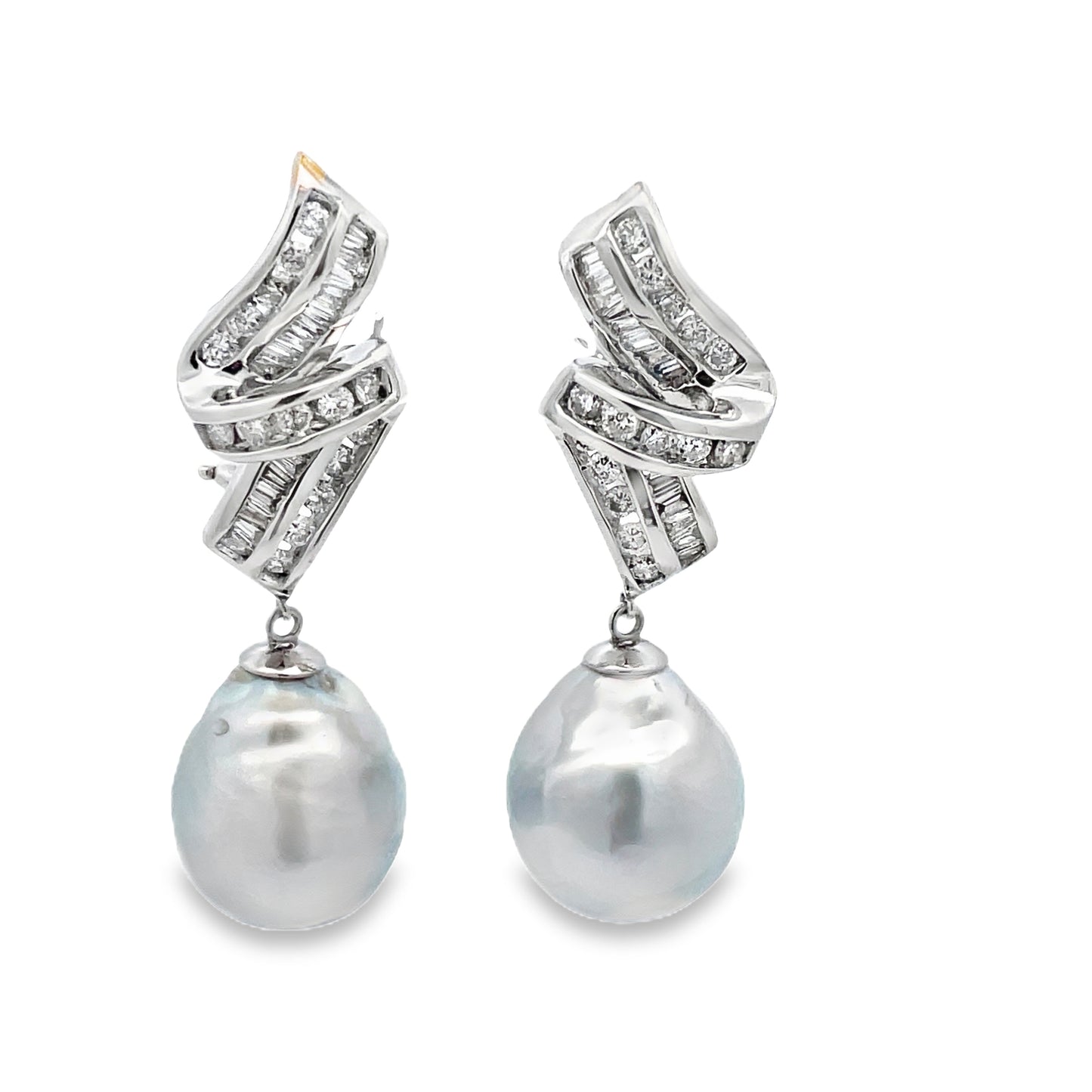 Front view of 14k White Gold Diamond Drop Baroque South Seas Gray Pearl Earrings 13.50 mm 