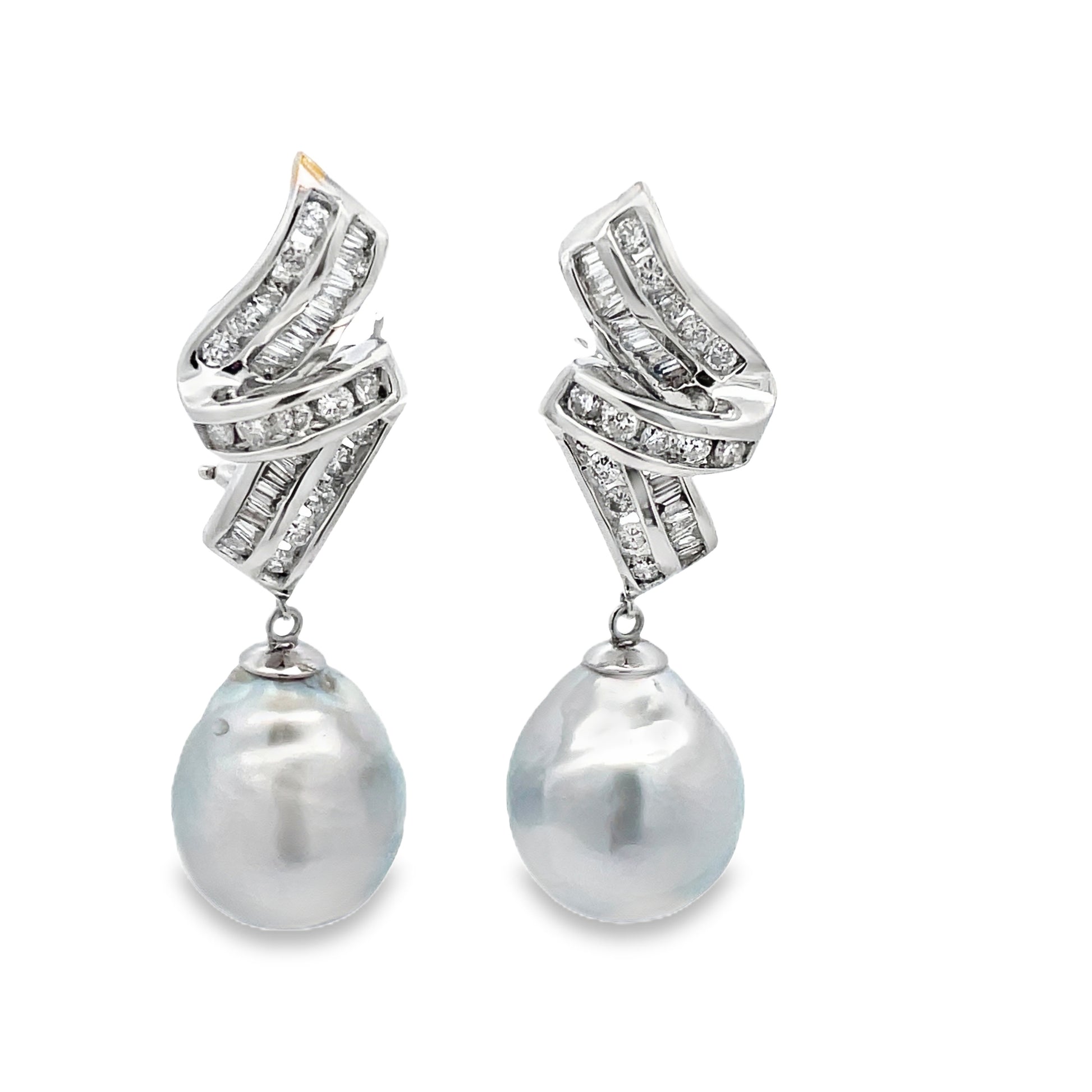 Front view of 14k White Gold Diamond Drop Baroque South Seas Gray Pearl Earrings 13.50 mm 