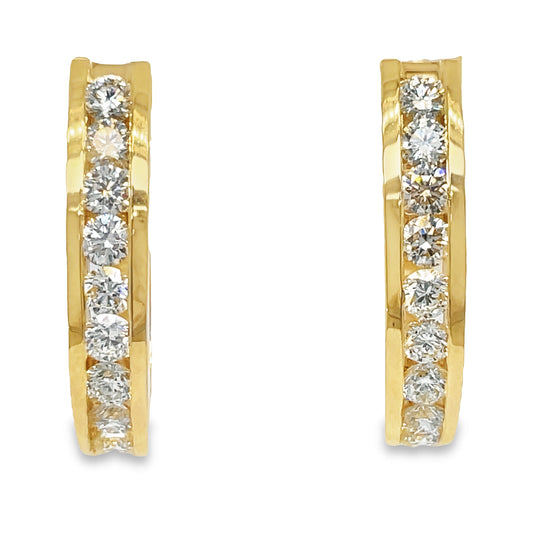 Oval Yellow Gold Bezel Diamond Hoop Earrings 1.50 cts Front view 