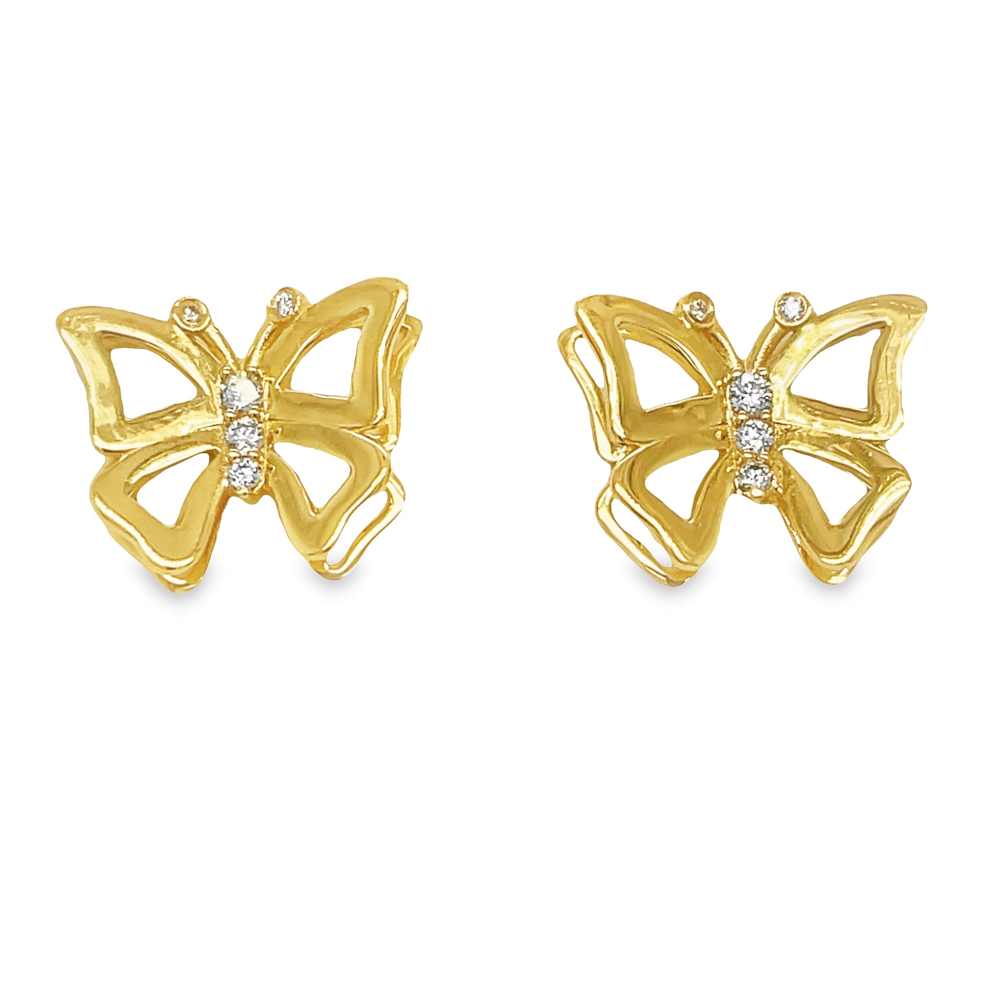 Make a sparkling statement with these beautiful and unique 18k yellow gold butterfly earrings. Hand-set with round brilliant diamonds and secured with a firm friction back, these earrings will be a stunning addition to any look. Add that special touch of glamour today!