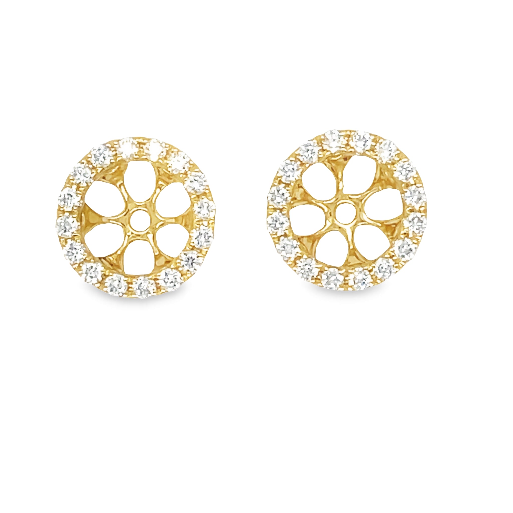 Let your sparkle shine with these stunning Small Removable Round Diamond Jacket Earrings! Crafted of 18k yellow gold, these earrings feature round diamonds 0.34 cts that will have you dazzling. Show off the ultimate in classic beauty and elegance!  Diamond studs not included 