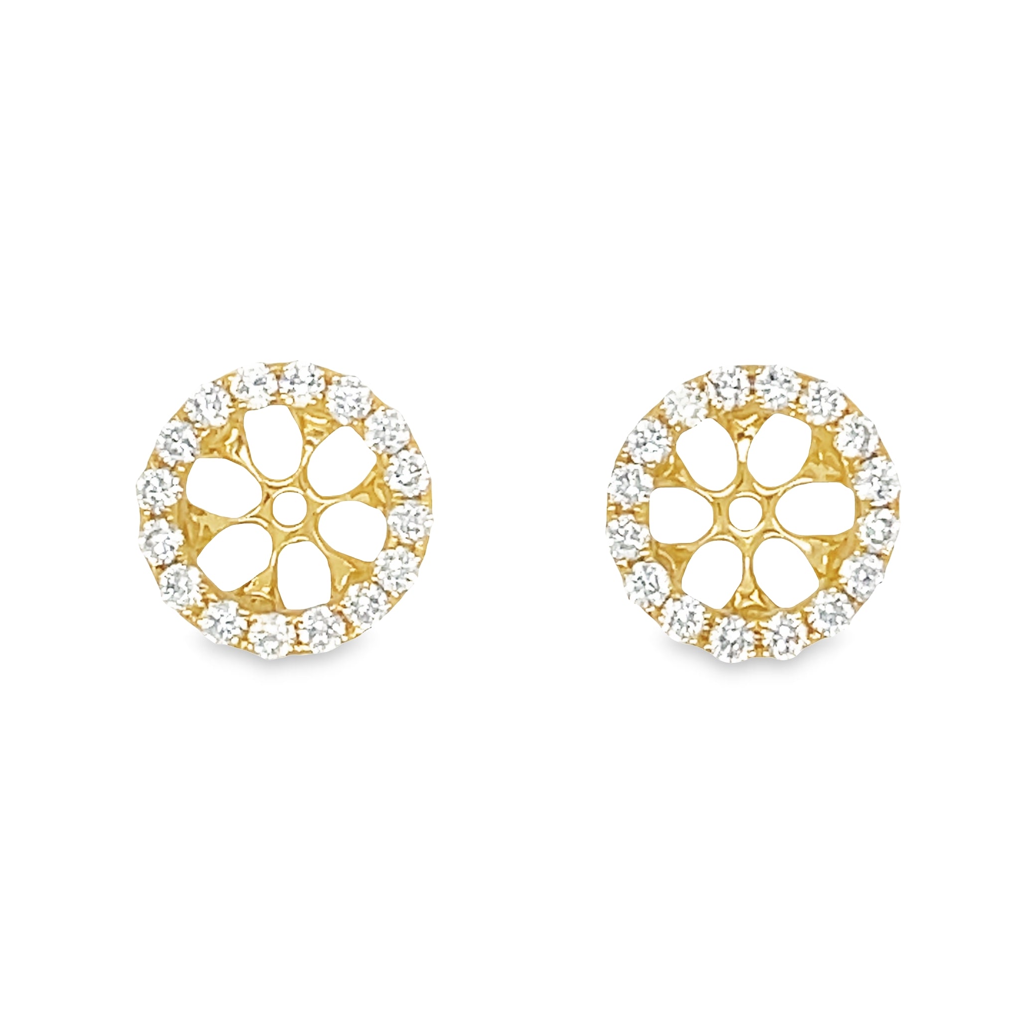 Let your sparkle shine with these stunning Small Removable Round Diamond Jacket Earrings! Crafted of 18k yellow gold, these earrings feature round diamonds 0.34 cts that will have you dazzling. Show off the ultimate in classic beauty and elegance!  Diamond studs not included 