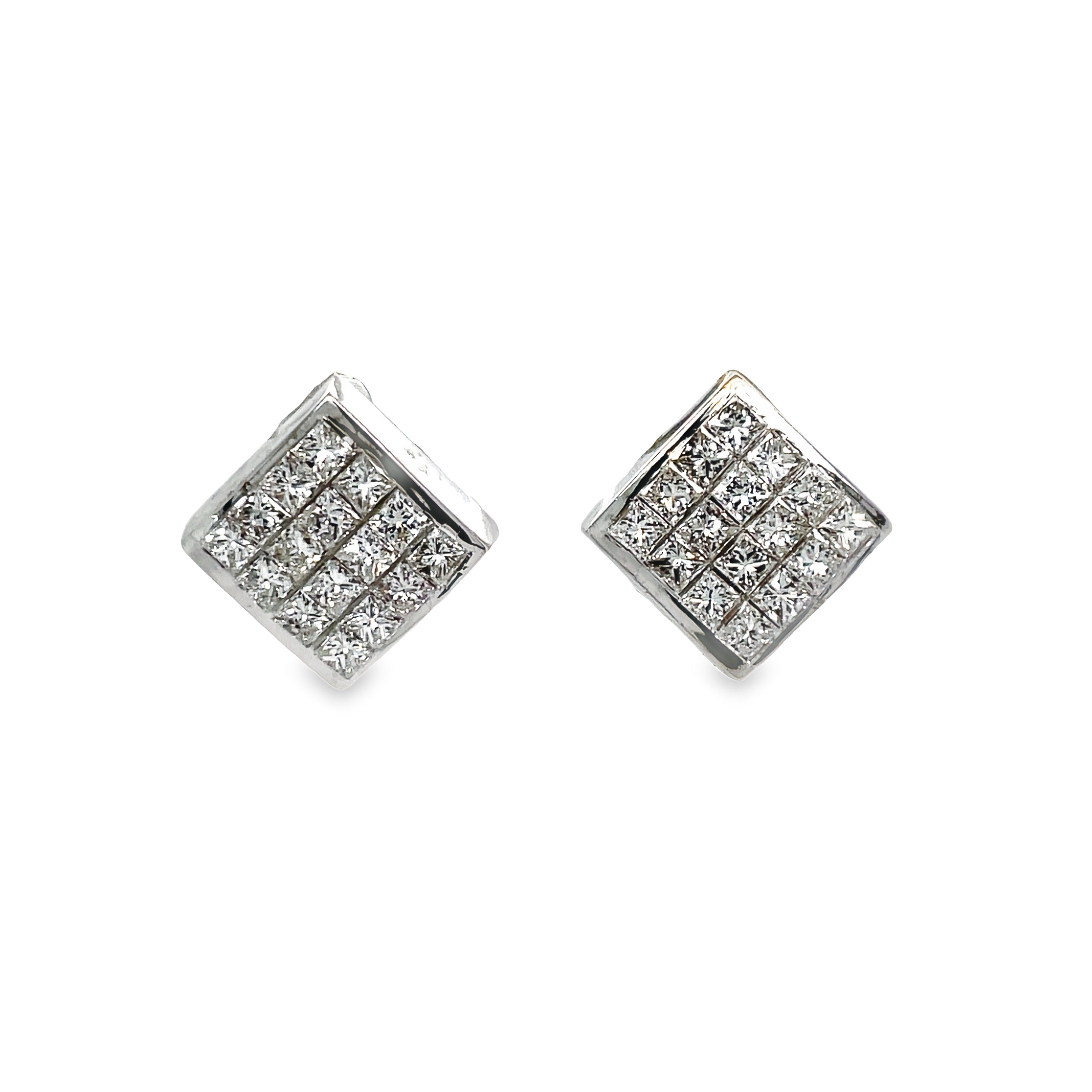 Elevate your style with our 18k Princess Cut Diamond Square Earrings. Made with 18k white gold, these earrings feature a secure omega clip for maximum comfort. The square style adds a modern touch, while the diamond princess cut look boasts 1.45 cts of pure elegance. Make a statement with these stunning earrings!