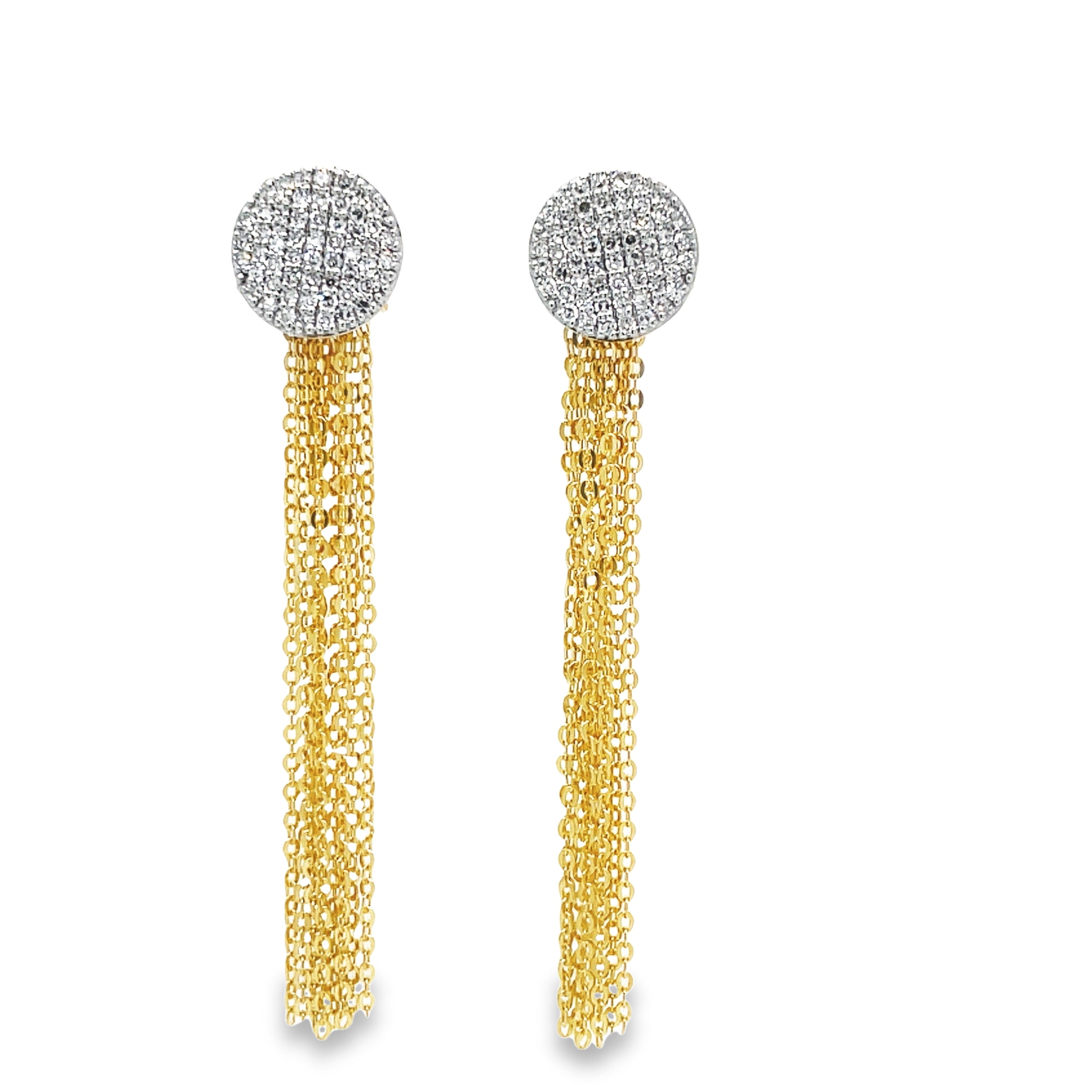 Indulge in luxury with our 18k Diamond Pave Disk with Long Diamond Cut Multi Chain Earrings. Crafted with 18k yellow gold, these stunning earrings feature a dazzling diamond pave disk and long multi chain drops. Elevate any outfit with elegance and sophistication.