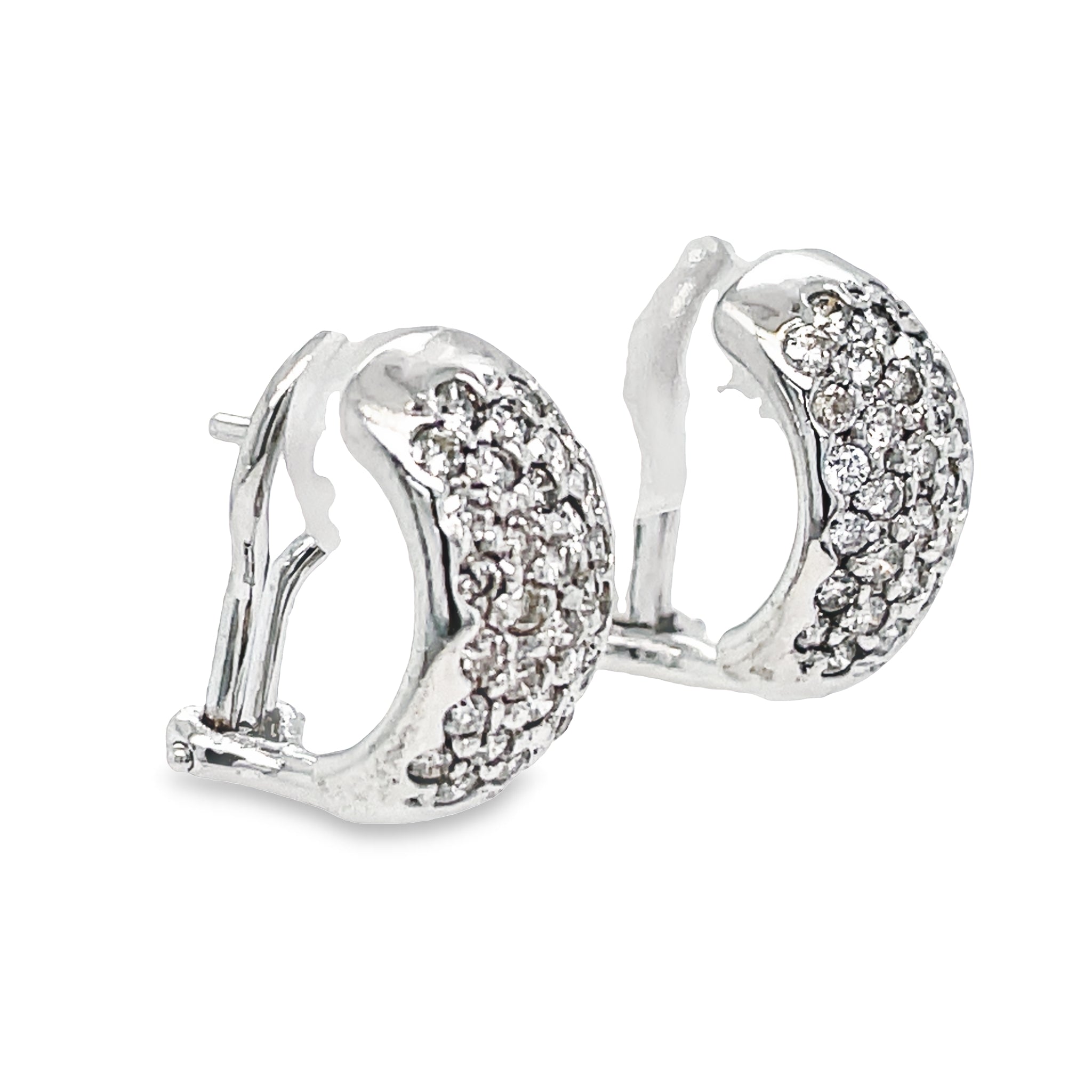 Add a touch of glamour to any outfit with our Pave Set Diamond Hoop Earrings! Made with 18k white gold and featuring a stunning diamond pave set totaling 1.40 cts, these earrings are the perfect choice for any stylish and elegant woman. The omega clip system ensures a secure and comfortable fit with every wear. Elevate your look and indulge in luxury with these exquisite earrings!