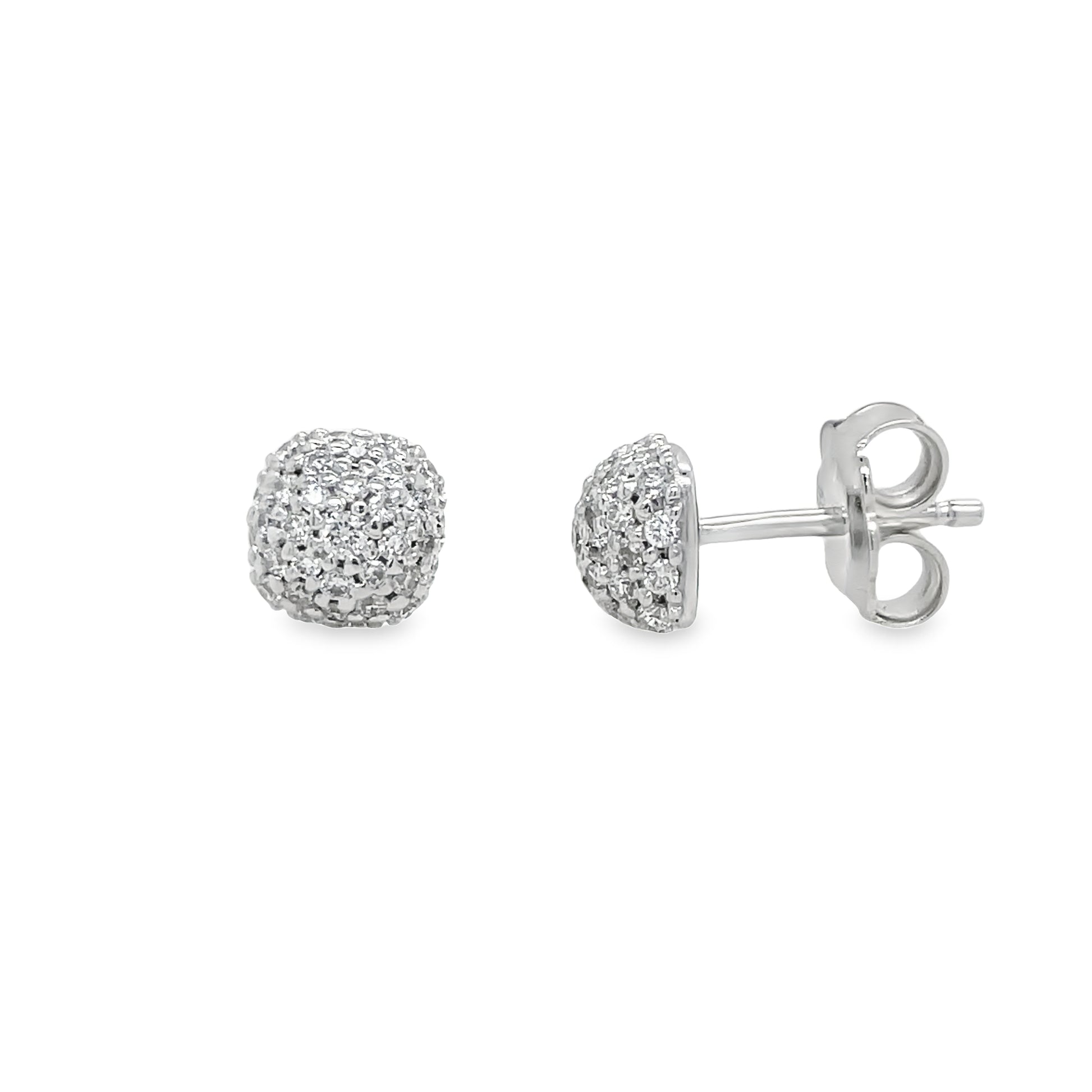 18k White Gold Diamond Stud Round Earrings 0.44 cts Front and Side View
