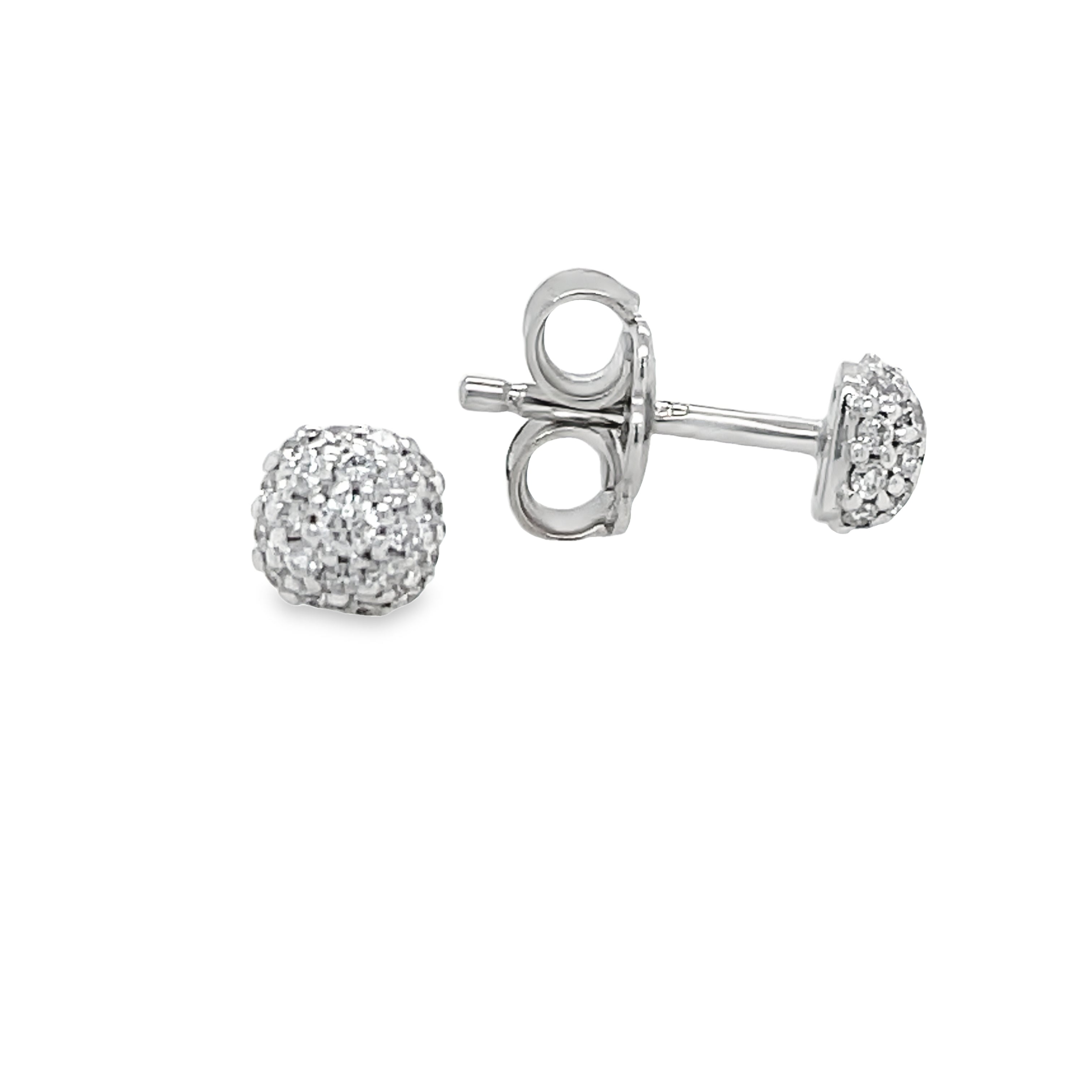 Experience luxury and elegance with our 18k white gold diamond stud earrings. Handcrafted in Italy, the round shape and diamond pave (0.23 cts) add a touch of glamour to any outfit. The friction back ensures a secure fit for all-day wear. Elevate your style with these 5.20mm earrings!   