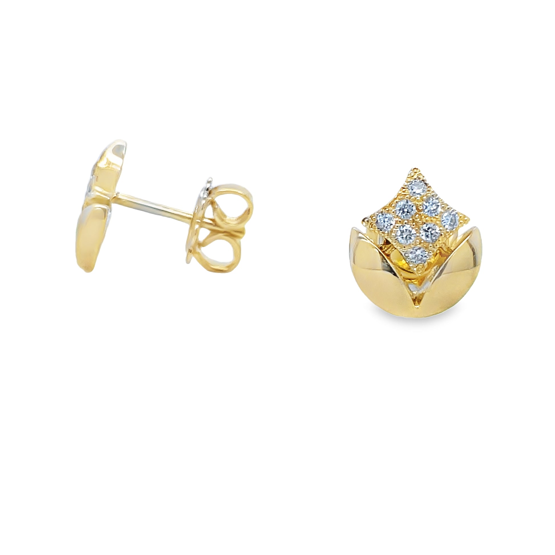 18k Yellow Gold Diamond Star Earrings 0.10 cts Front and Side View