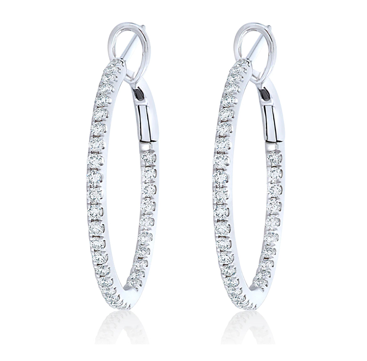 These Large Hoop Earrings feature 4.40 ct Round diamonds of F/G color and VS1 clarity. The hoops are 2.70 mm thick and 1.5" size, crafted from 18k white gold with a secure lock clasp. Lever back system ensures the earrings are easy to put on and take off.