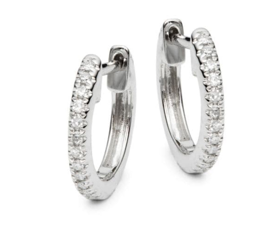 14K Small White Gold Diamond Huggie Earrings Oval Shape 0.23 cts Side view 