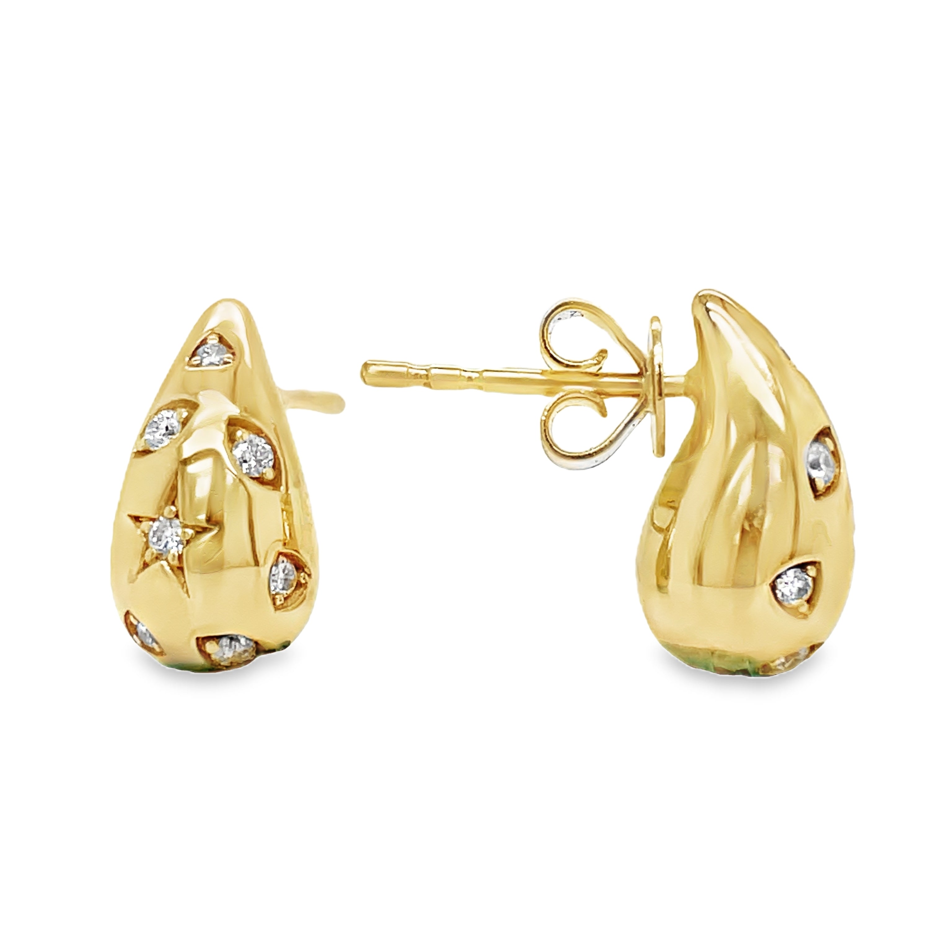 Complete any look with these beautiful 14k yellow gold tear drop-shape stud earrings. The classic tear shape is 13.00 mm in size with round diamonds 0.15 cts, perfect for adding a spark of elegance to your outfit. Enjoy their subtle, timeless refinement while you make a lasting impression.