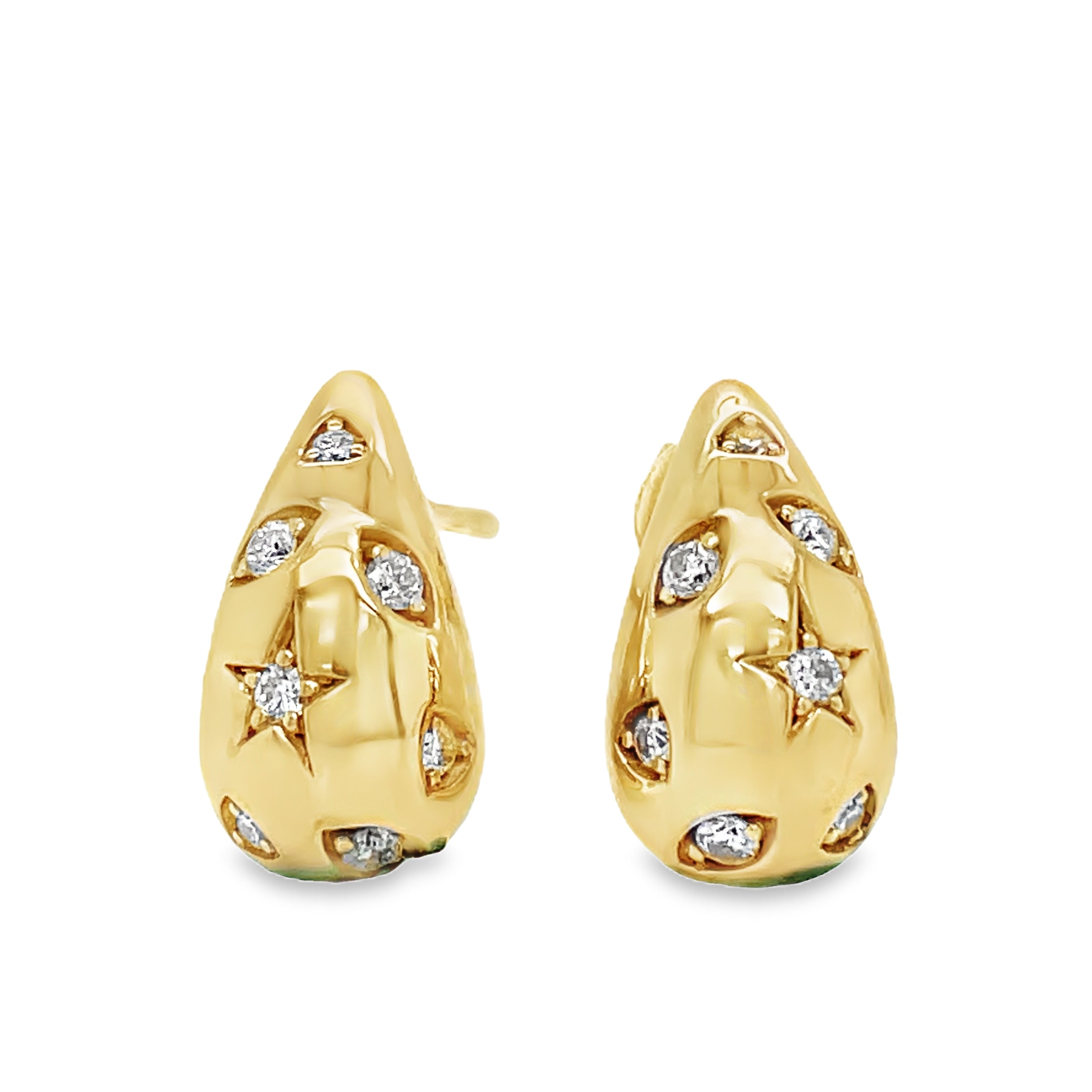 Complete any look with these beautiful 14k yellow gold tear drop-shape stud earrings. The classic tear shape is 13.00 mm in size with round diamonds 0.15 cts, perfect for adding a spark of elegance to your outfit. Enjoy their subtle, timeless refinement while you make a lasting impression.