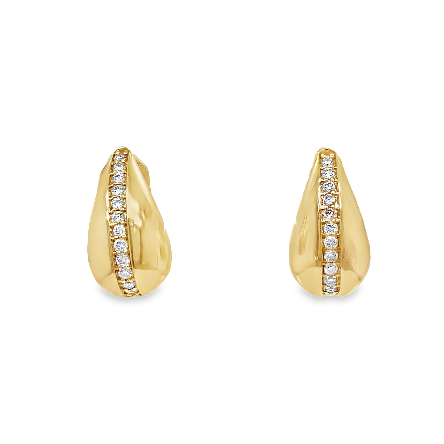 14k Yellow Gold Puff Diamond Tear Drop Shape Stud Small Earrings Front view 