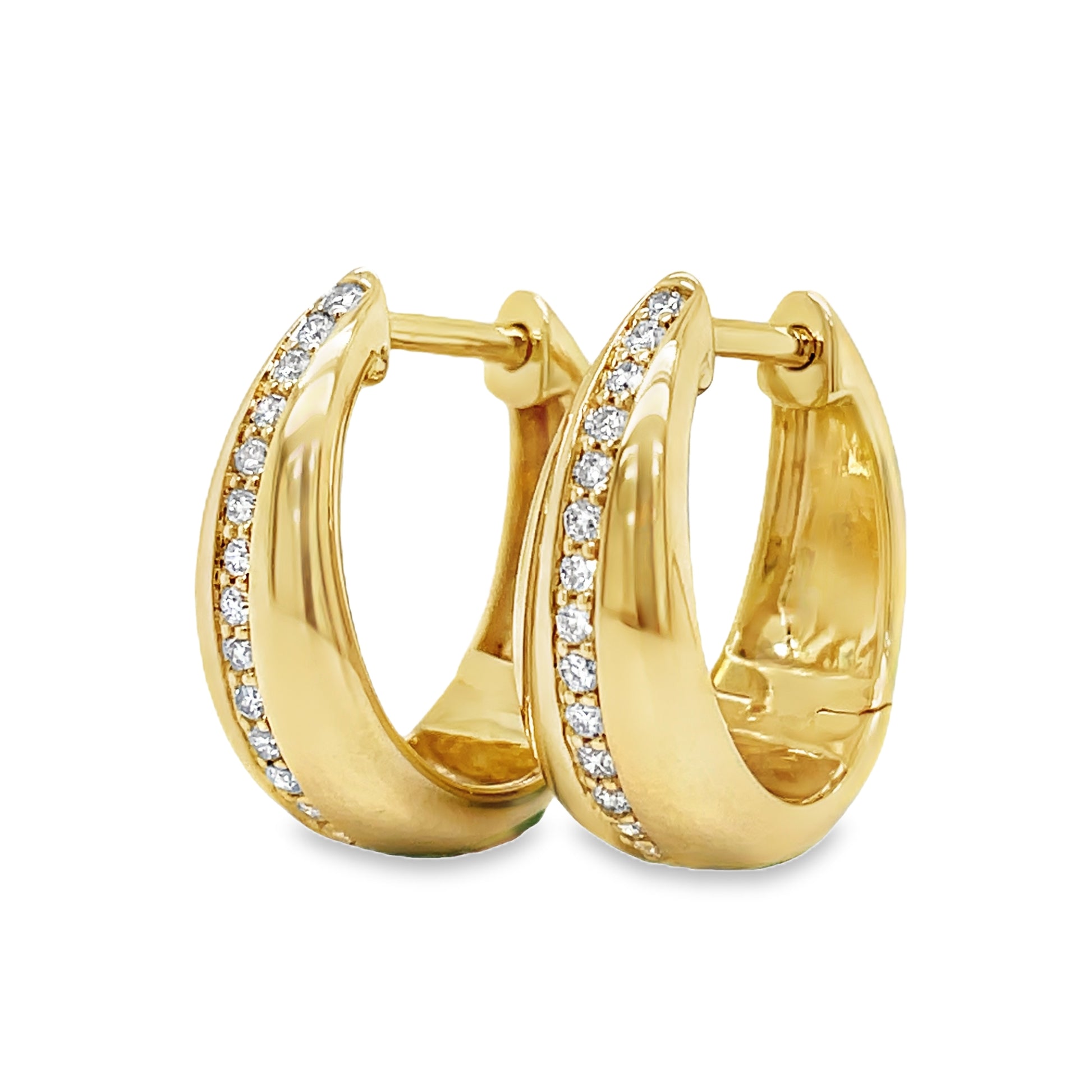 14k Yellow Gold Puff Diamond Huggie Earrings Side view 