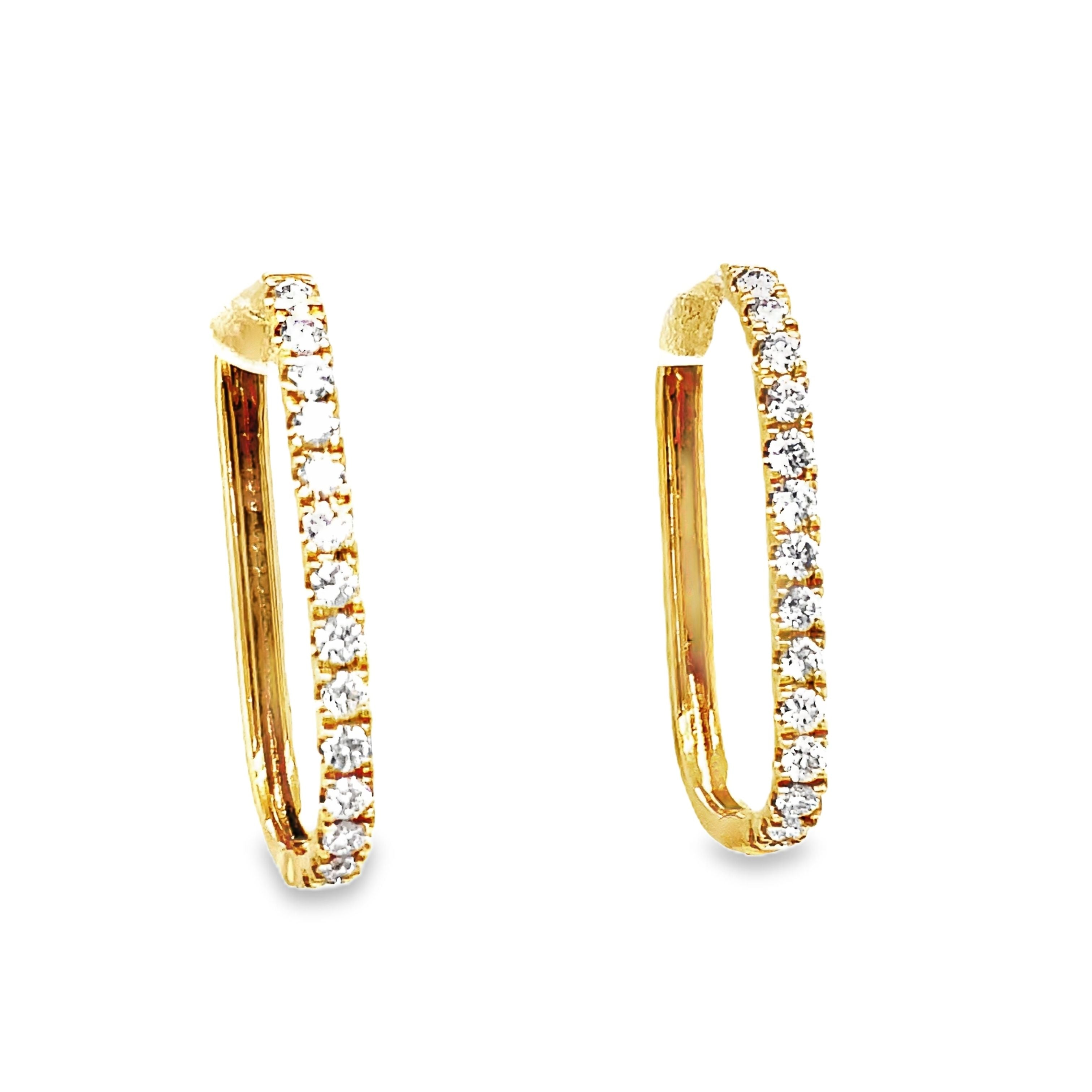 ndulge in luxury with these Square Diamond Yellow Hoop Earrings. Made with 14k yellow gold, these earrings feature sparkling round diamonds totaling 0.48 cts. With a size of 22.00 x 15.00 mm, these earrings are the perfect addition to any sophisticated and exclusive look. Elevate your style with these stunning earrings.

