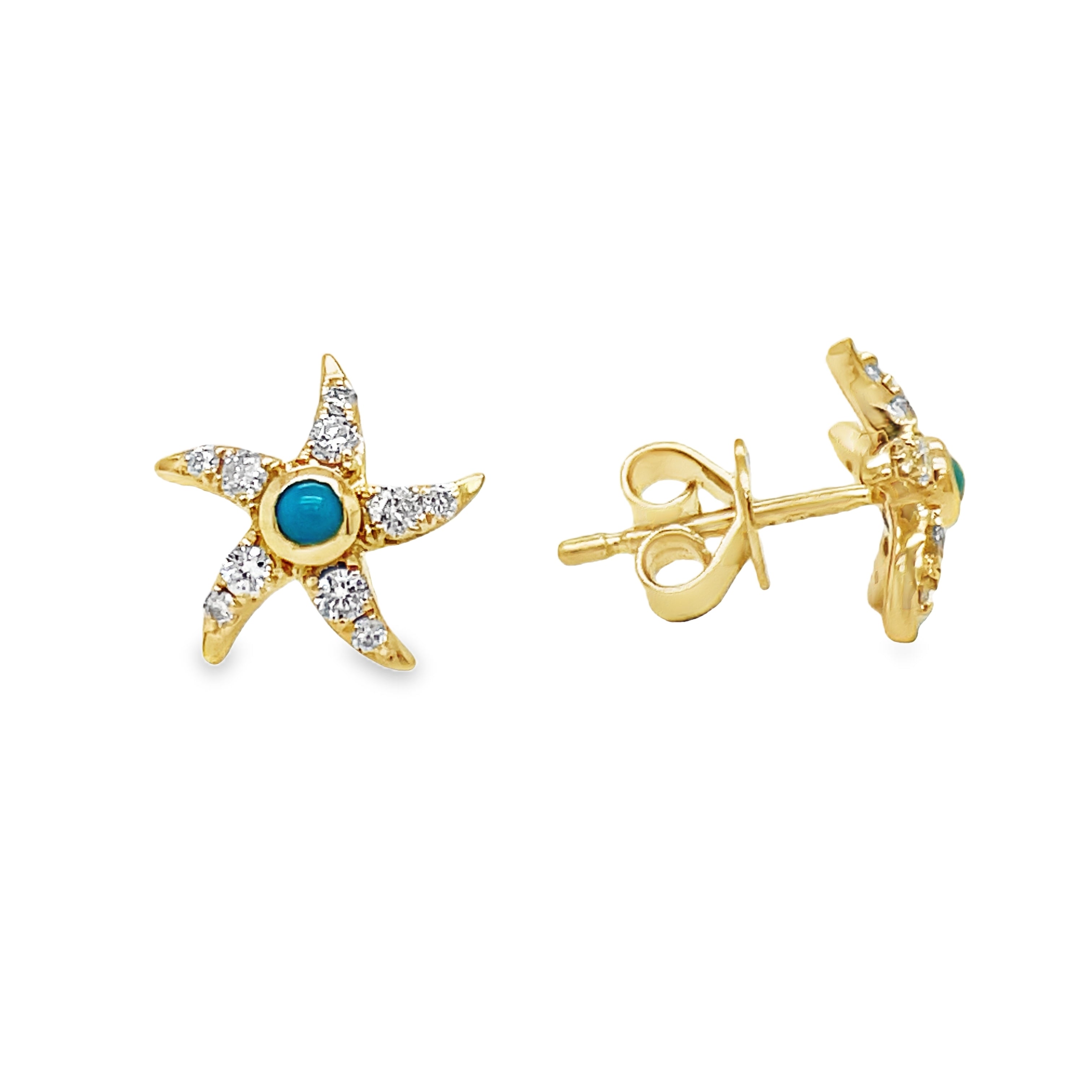 Indulge in luxury with our Turquoise &amp; Diamond Gold Starfish Earrings. Made of 14k yellow gold, these earrings feature stunning round turquoise stones and sparkling round diamonds totaling 0.29 carats. With secure friction backs, these earrings are both elegant and secure. Perfect for any occasion, elevate your style with these exclusive earrings.