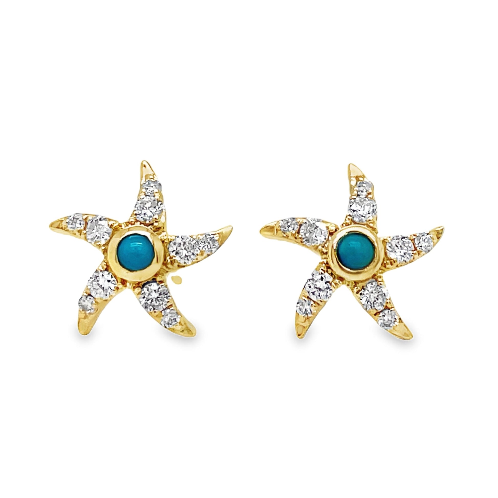 Turquoise & Diamond Gold Starfish Earrings Front view 