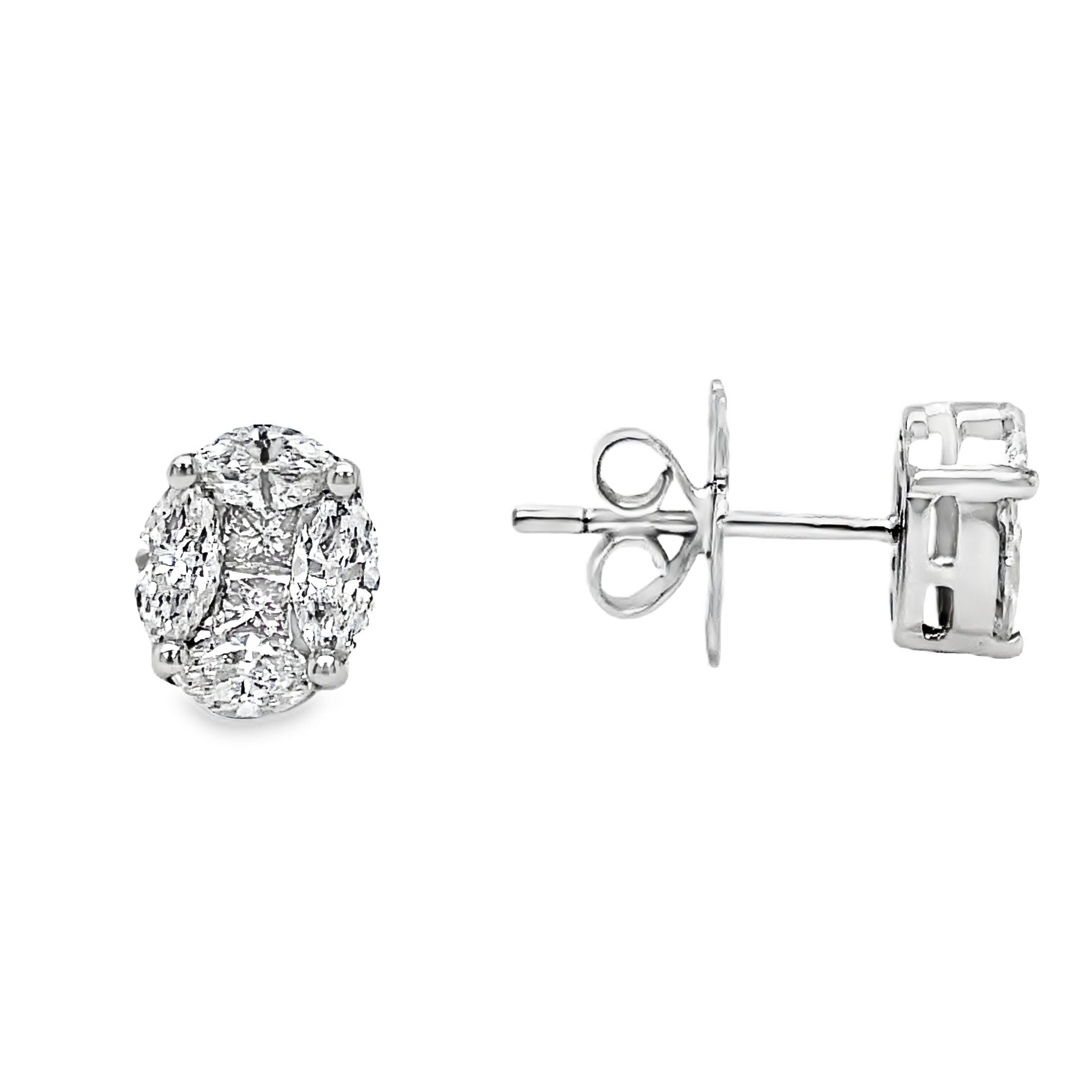 ndulge in pure luxury with our Oval Shape Illusion Diamond Stud Earrings. Expertly crafted with high-quality diamonds set in 18k white gold, these earrings feature a mix of fancy cut diamonds for a stunning 1.26 carat display. With a beautiful F/G color and VS1 clarity, these earrings will give you the elegant illusion of wearing 1.50 carat studs. Complete with secure friction backs, measuring at 8.50 x7.00 mm wide. Elevate your style with these exquisitely made earrings.