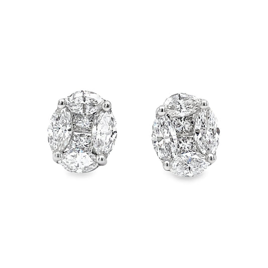 Oval Shape Illusion Diamond Stud Earrings Front view 