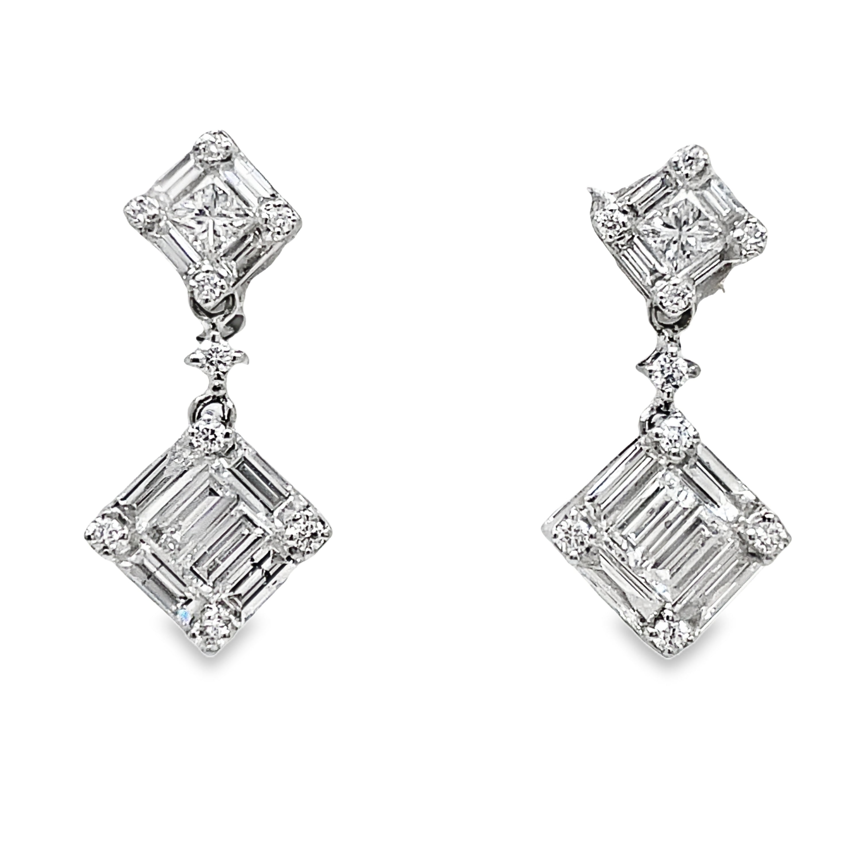 Make a statement with our Diamond Tilted Square Double Drop Illusion Setting Earrings. These 18k white gold earrings feature a tilted design that creates the illusion of a large emerald cut diamond. With a total of 1.25 cts of round and baguette cut diamonds, these earrings are sure to catch everyone's eye. The large earrings back provides comfort and security. Perfect for any special occasion.