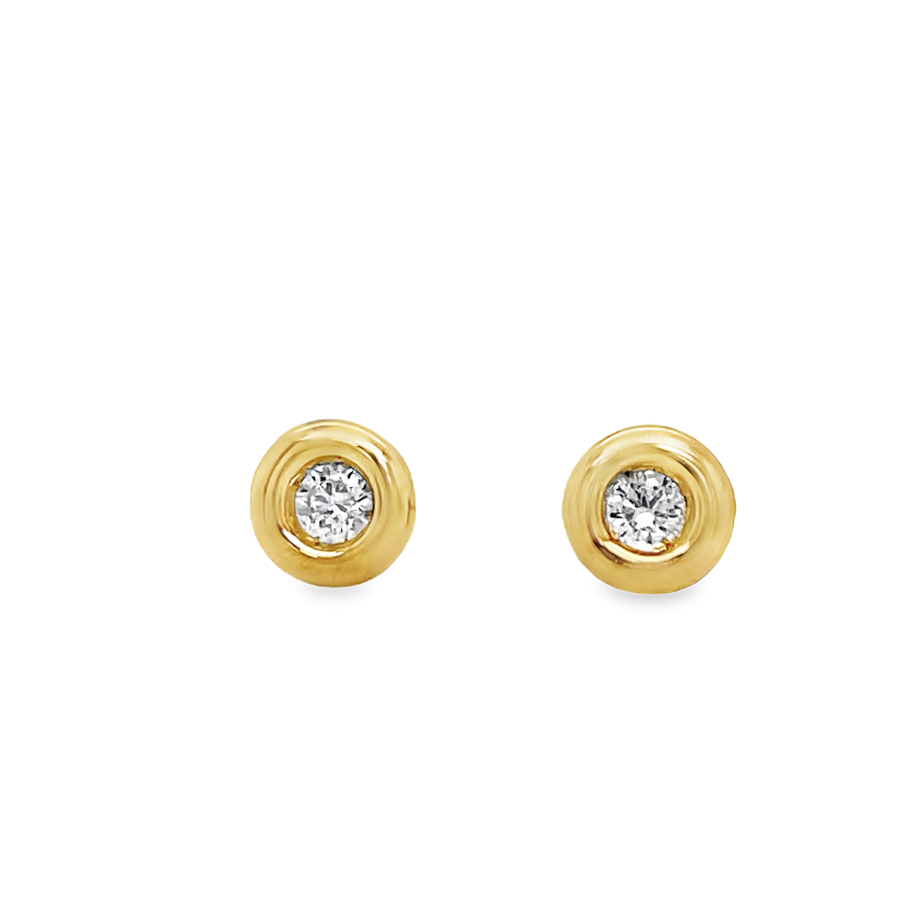 Elevate your style with our Diamond Stud Earrings. Crafted in 18k yellow gold, these dainty earrings feature 2 small diamonds totaling 0.10 carats, set in a secure bezel. With heart-shaped friction backs, they offer both elegance and secure wear. At 5.00 mm long, these earrings make a subtle yet luxurious statement.