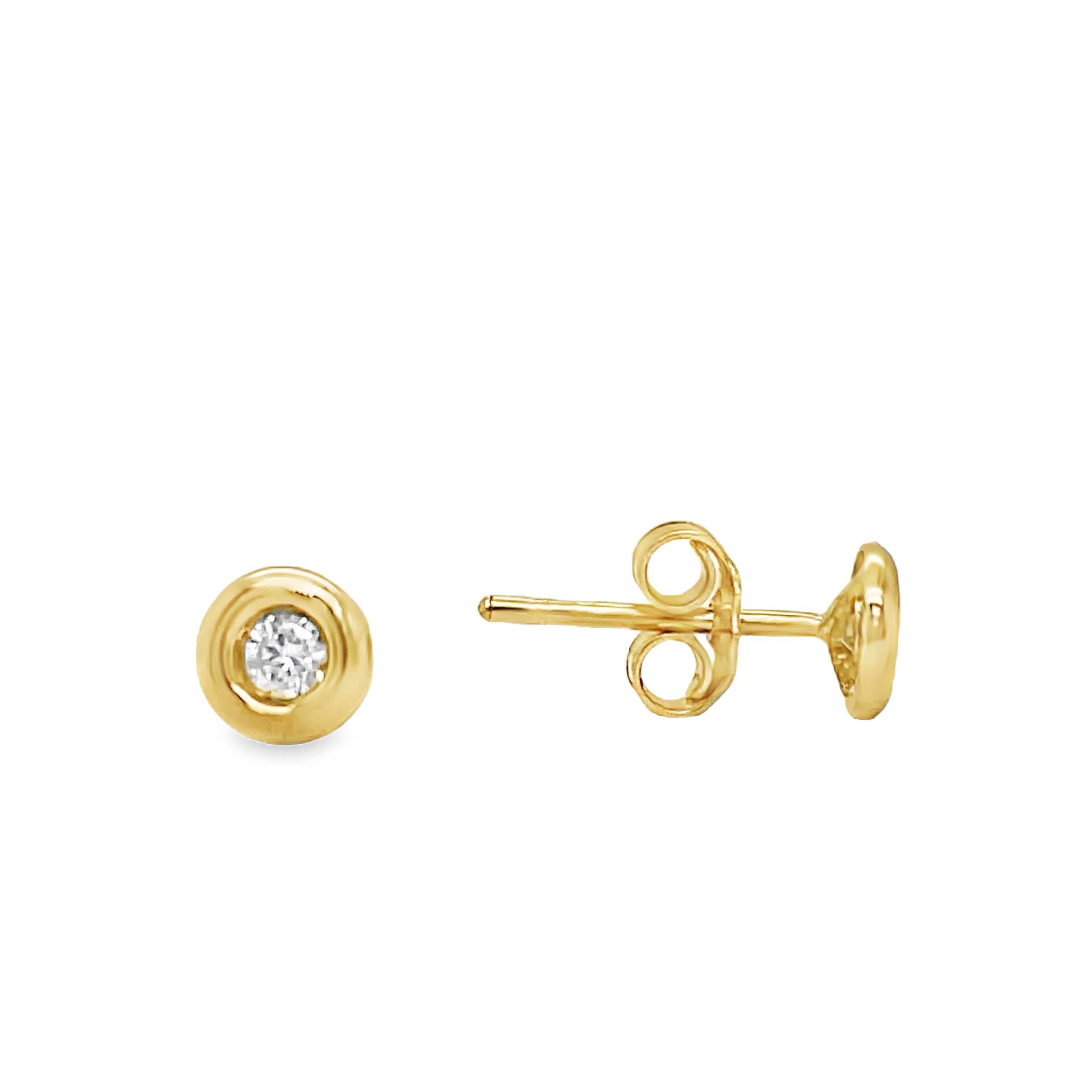 Elevate your style with our Diamond Stud Earrings. Crafted in 18k yellow gold, these dainty earrings feature 2 small diamonds totaling 0.10 carats, set in a secure bezel. With heart-shaped friction backs, they offer both elegance and secure wear. At 5.00 mm long, these earrings make a subtle yet luxurious statement.