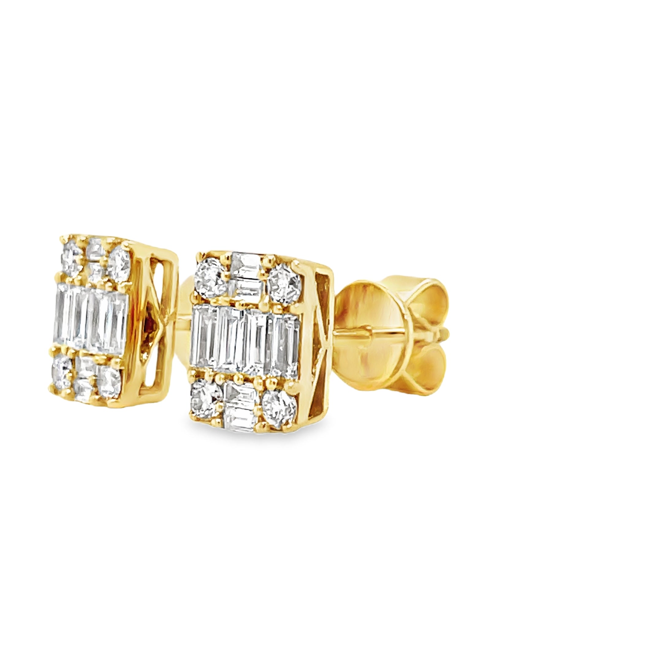 Indulge in luxury with our Square Baguette &amp; Round Diamond Stud Earrings. Exquisitely crafted with 18k yellow gold, these earrings feature 0.51 cts of round and baguette diamonds. Complete with secure heart-shaped friction backs, these 7.00mm earrings are a timeless addition to your collection.