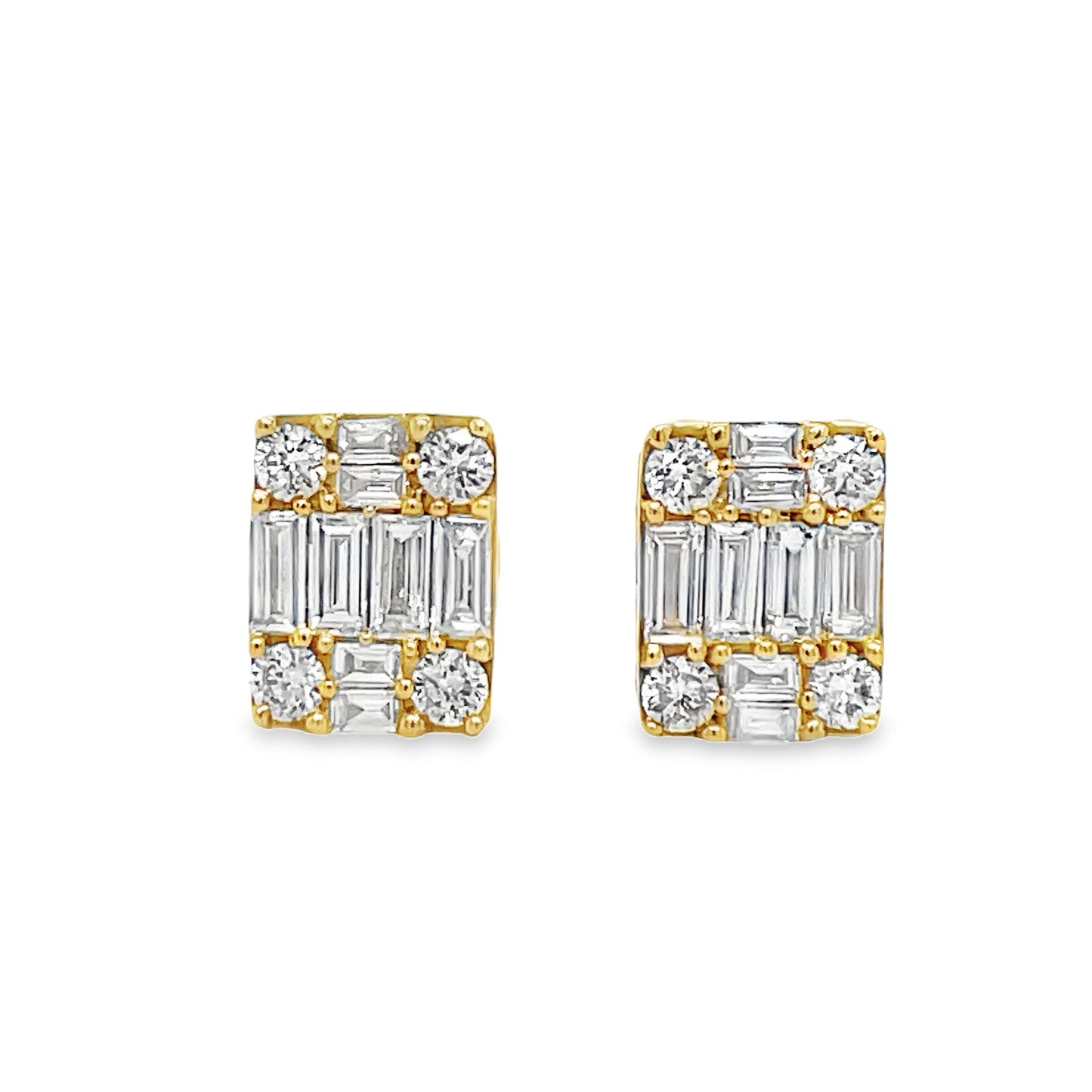 Square Baguette & Round Diamond Stud Earrings in Yellow Gold Front view 