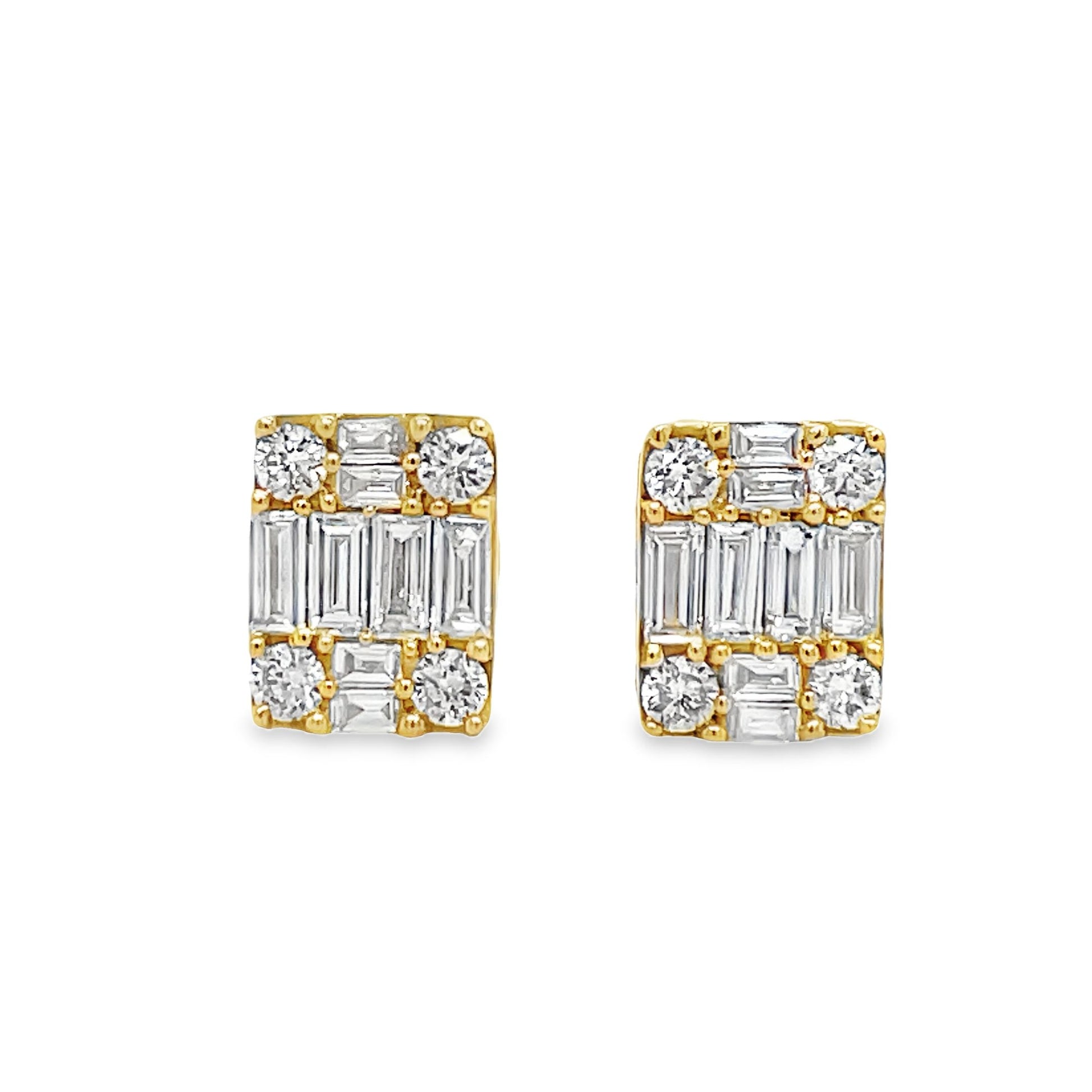 Square Baguette & Round Diamond Stud Earrings in Yellow Gold Front view 