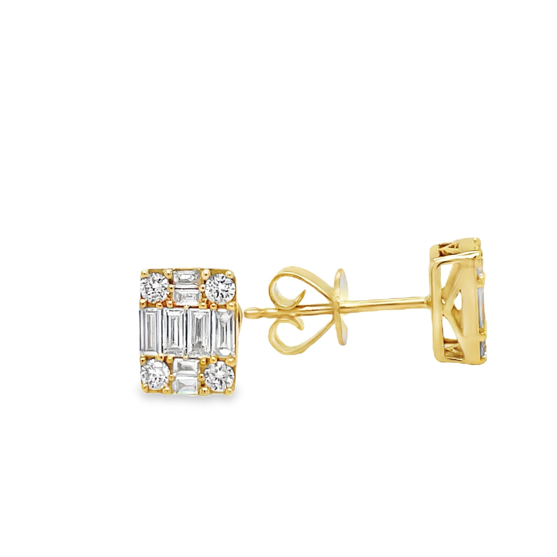 Square Baguette & Round Diamond Stud Earrings in Yellow Gold Front and Side View