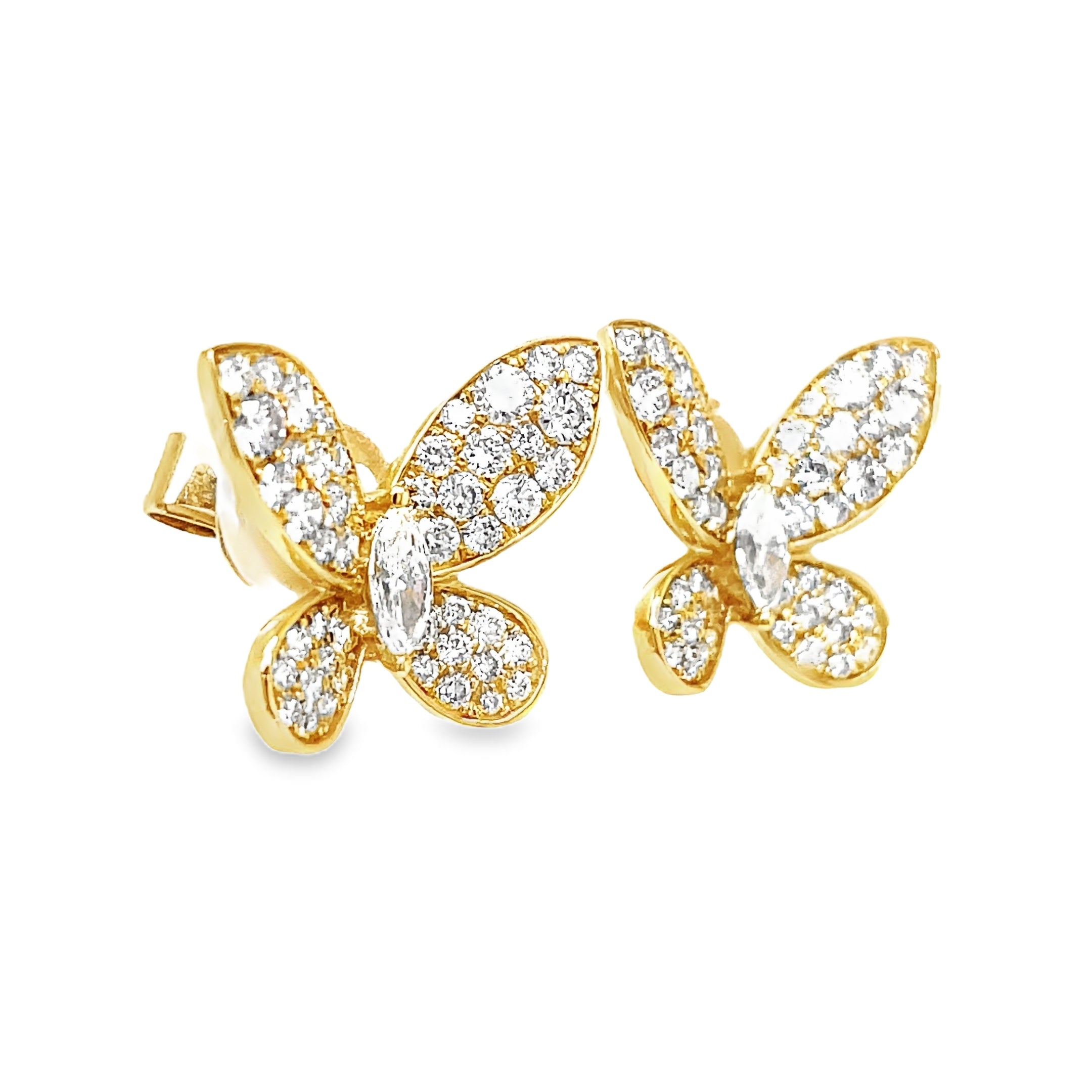 Crafted with exquisite 18k yellow gold and adorned with sparkling round diamonds totaling 1.34 cts, these Medium Size Diamond Butterfly Stud Earrings are a true expression of luxury. The unique combination of round and marquise diamonds creates an elegant butterfly shape that is secured with friction backs, ensuring a comfortable and secure fit. Perfect for adding a touch of sophistication and glamour to any outfit.