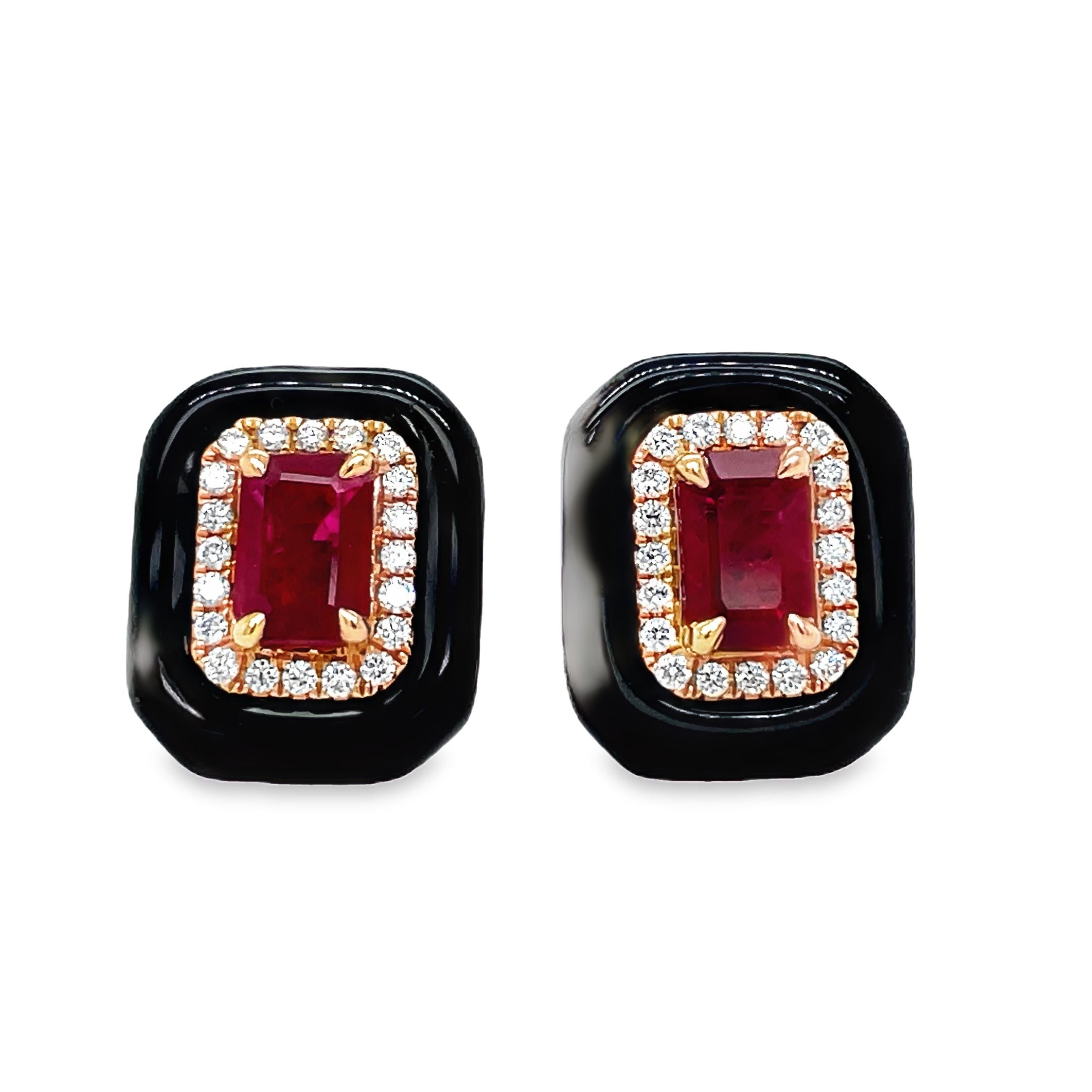 ndulge in luxury with our Ruby Diamond Stud Earrings, set in 18k rose gold with a secure friction back. The striking Rectangular Ruby 1.37 cts surrounded by round diamonds 0.19 cts are enhanced by the elegant cabochon onyx, making this a unique and sophisticated addition to your jewelry collection.