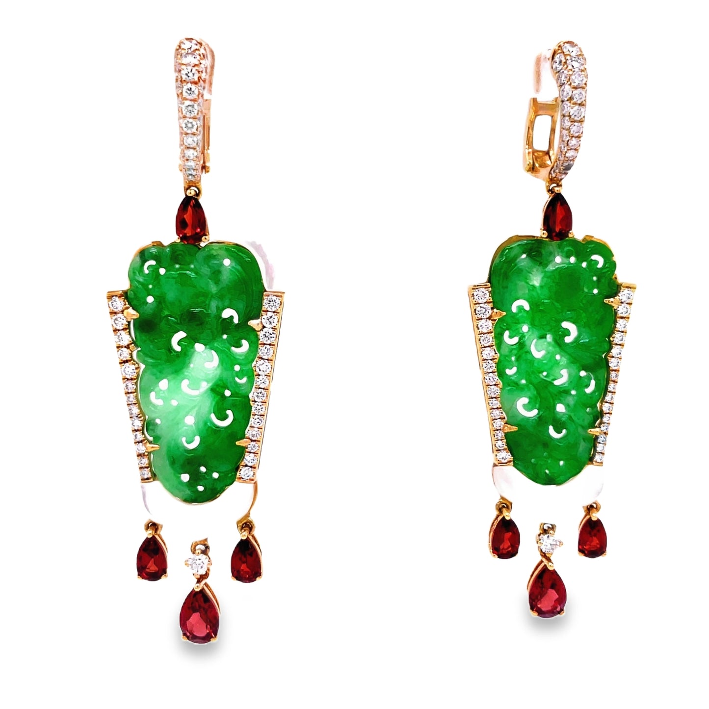 Natural Green Jade, Diamond, MOP & Garnet Drop Earrings Front view 