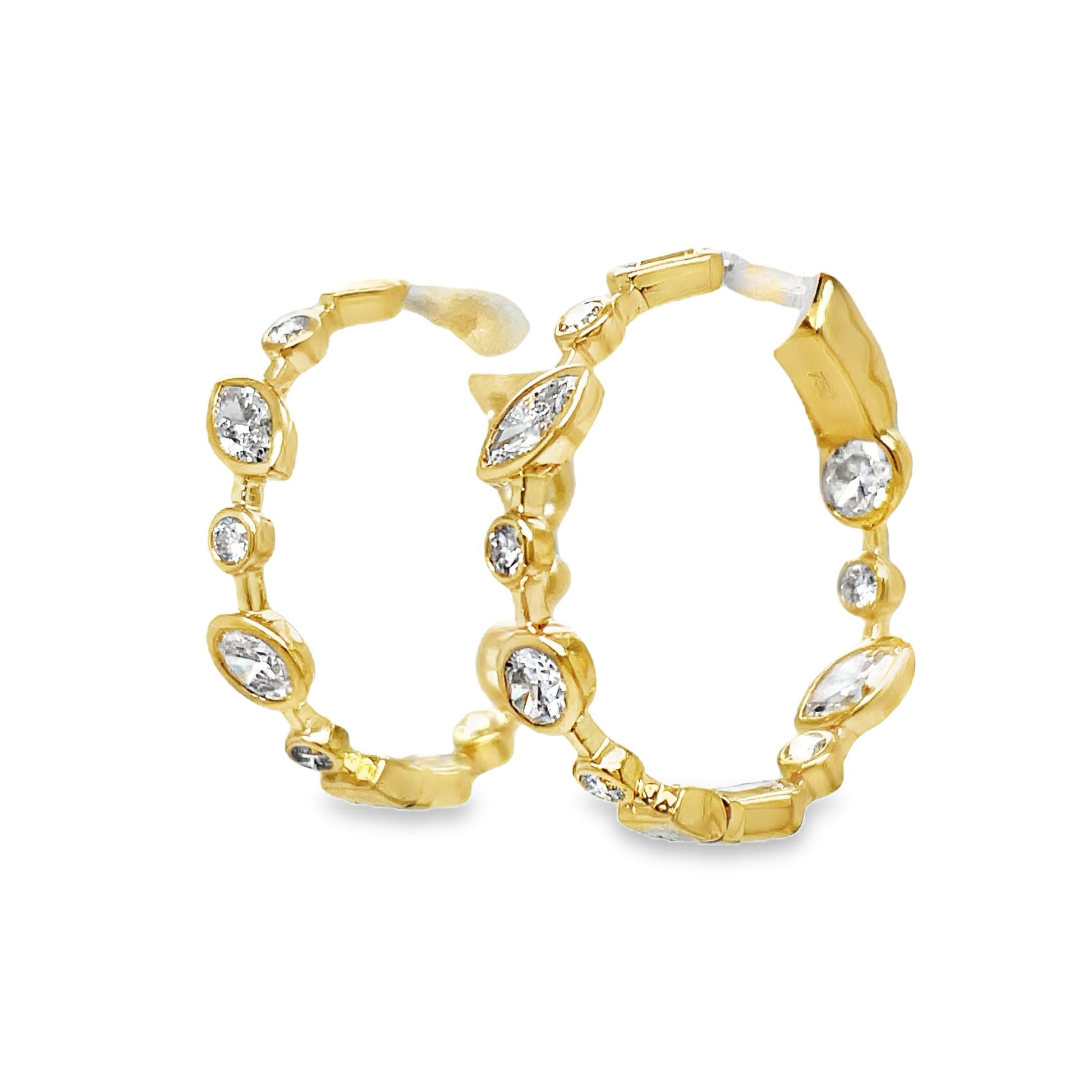 18K Yellow Gold Mix Cut Bezel Set Diamond Hoop Earrings Side view