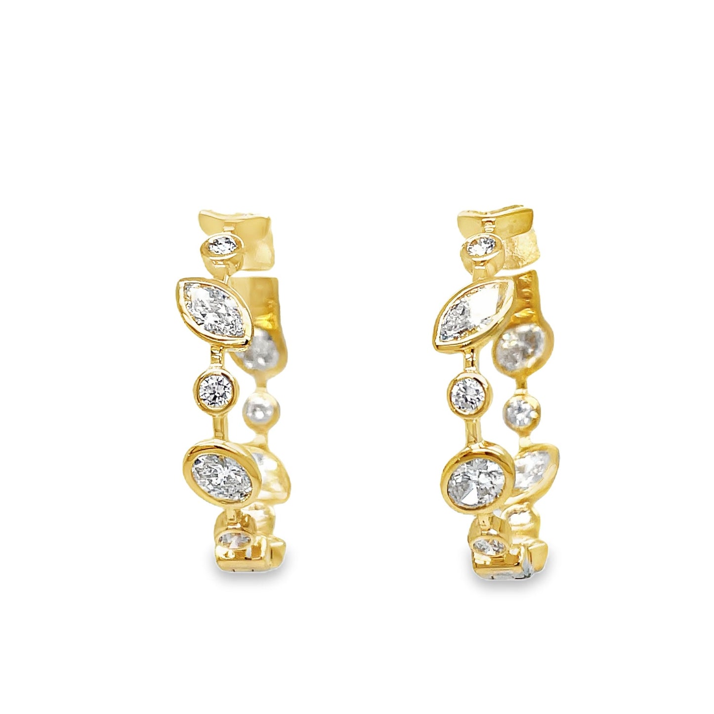 18K Yellow Gold Mix Cut Bezel Set Diamond Hoop Earrings Front view