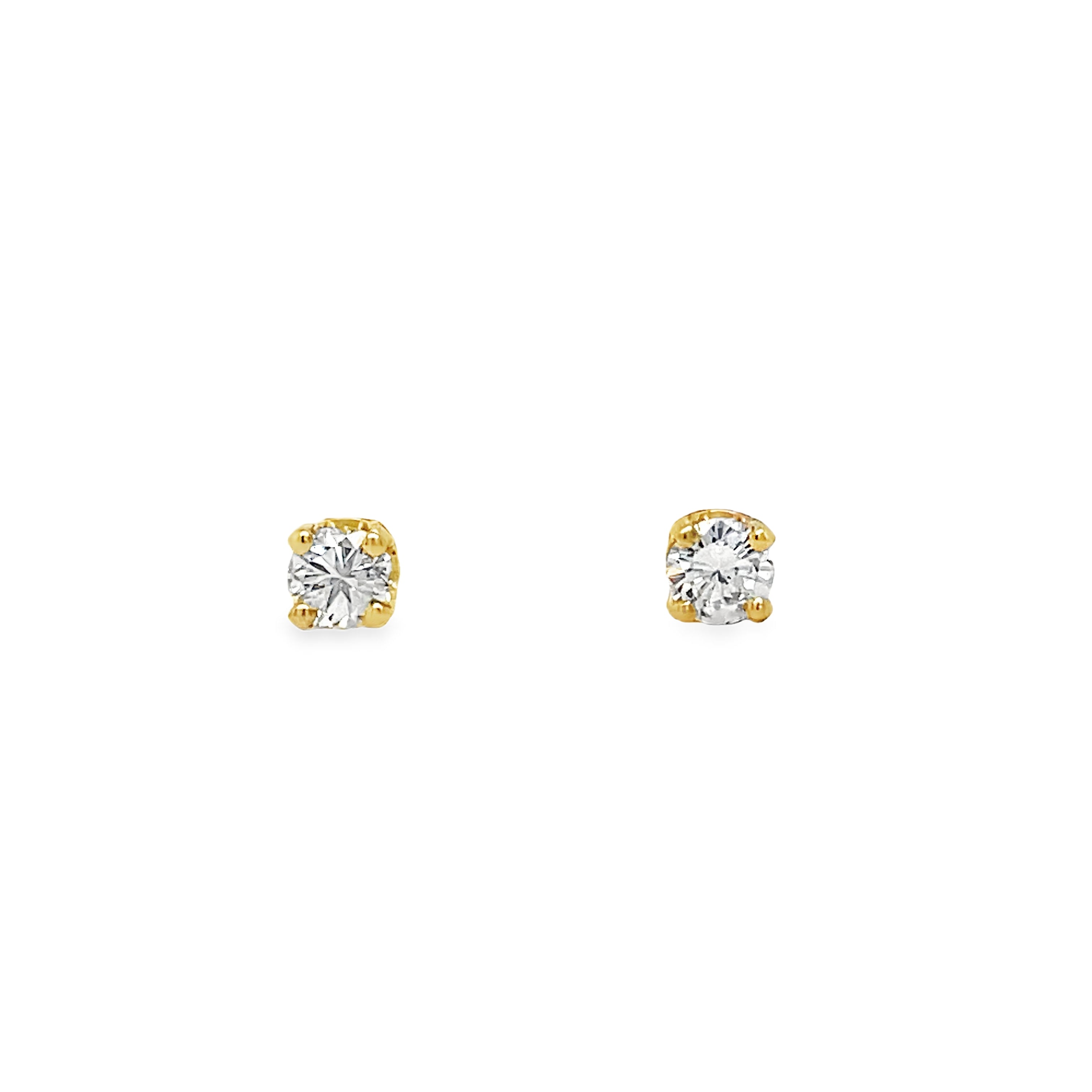 Elevate your style with these Small Diamond Studs adorned with 0.20 cts of round diamonds. Crafted in 14k yellow gold and featuring a secure screw back system, their brilliant F/G color and VS clarity will add a touch of sophistication to any outfit.