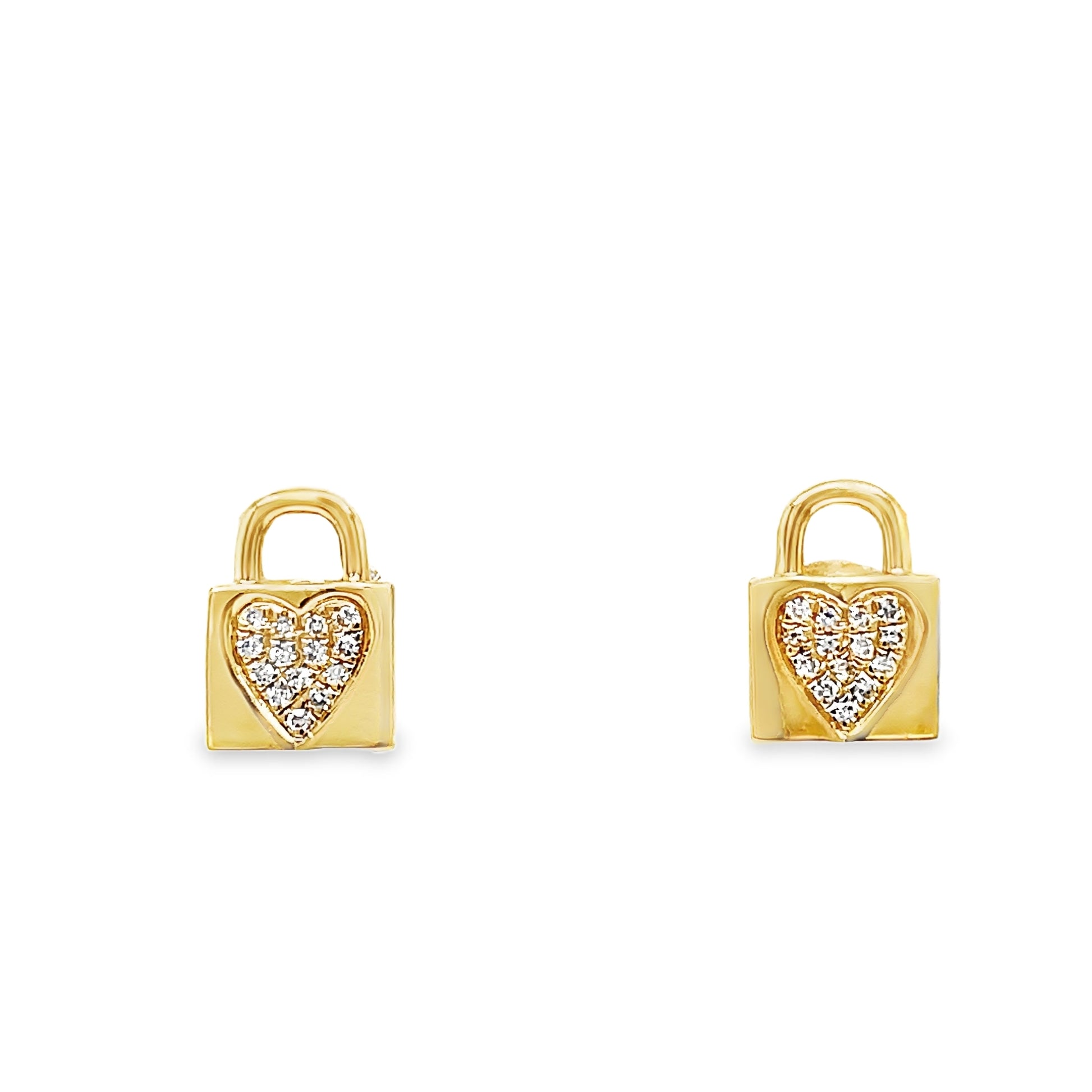14k Yellow Gold Small Diamond Lock Earrings Front view