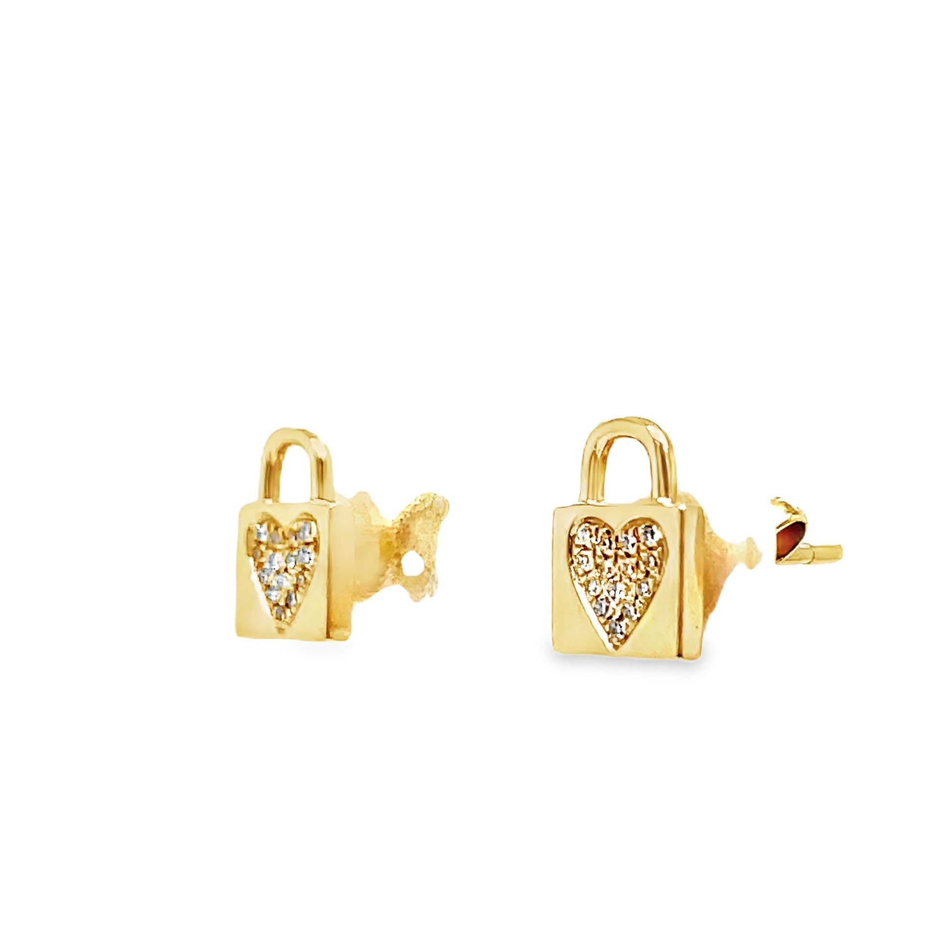 14k Yellow Gold Small Diamond Lock Earrings Side view