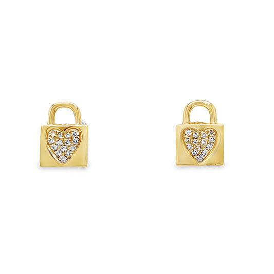 14k Yellow Gold Small Diamond Lock Earrings Front view