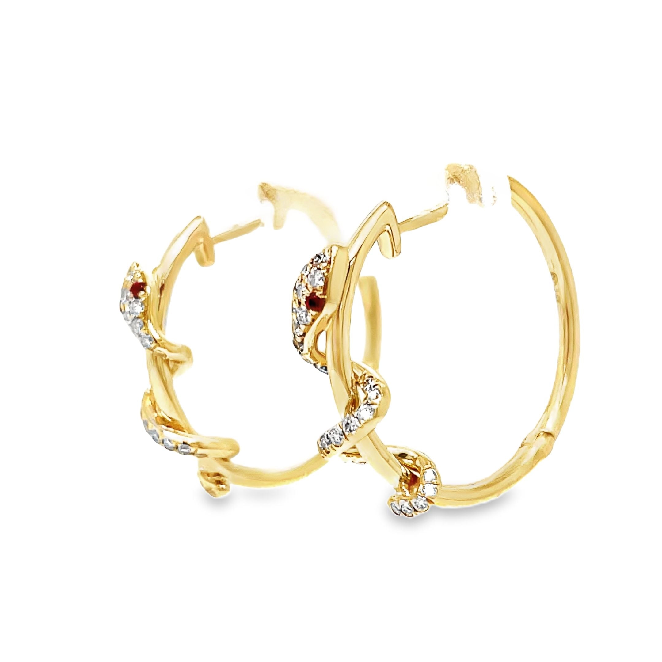 ndulge in luxury with our 14k yellow gold hoop earrings featuring round diamonds and ruby gems for the eyes of a stunning snake. The secure latch system adds ease and sophistication to these exclusive earrings. Elevate your style with 0.23 cts of sparkling diamonds.