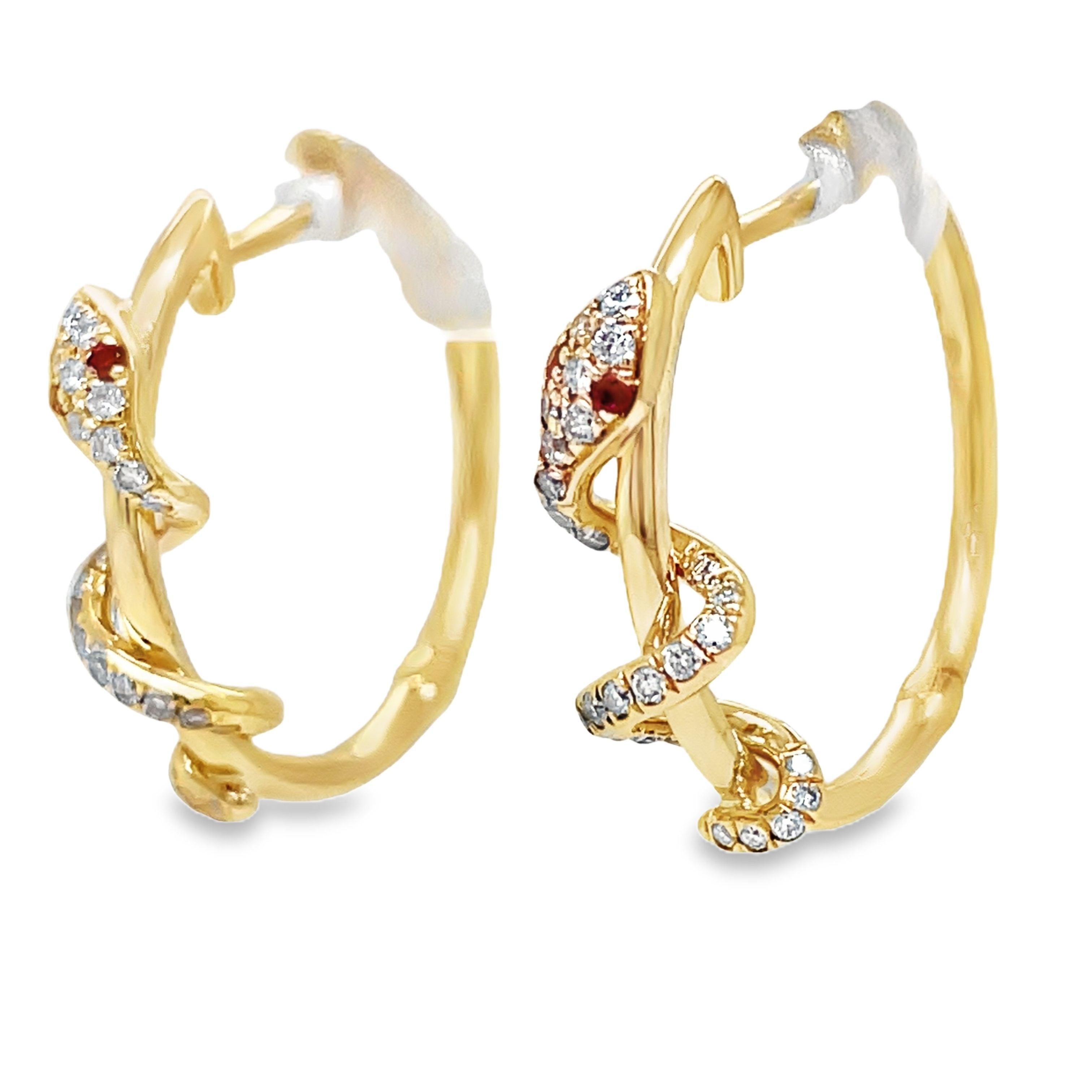 ndulge in luxury with our 14k yellow gold hoop earrings featuring round diamonds and ruby gems for the eyes of a stunning snake. The secure latch system adds ease and sophistication to these exclusive earrings. Elevate your style with 0.23 cts of sparkling diamonds.