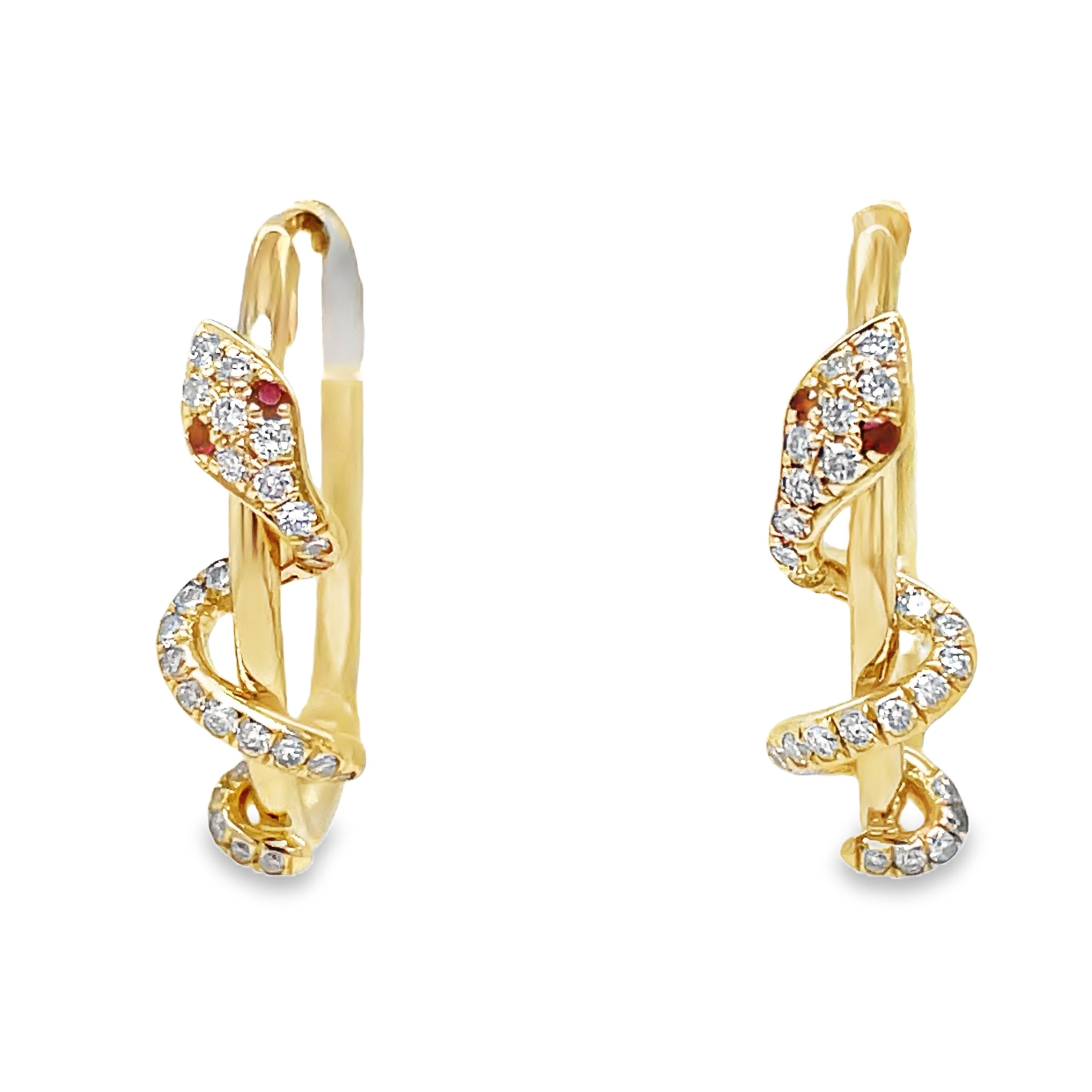 ndulge in luxury with our 14k yellow gold hoop earrings featuring round diamonds and ruby gems for the eyes of a stunning snake. The secure latch system adds ease and sophistication to these exclusive earrings. Elevate your style with 0.23 cts of sparkling diamonds.