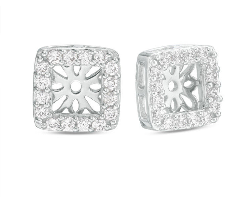 Marvel in the majestic beauty of these 18k white gold earring jackets. Their bold 10.00 x 10.00 mm square shape is accentuated with F/G grade round diamonds that twinkle with 0.42 cts. The diamond square removable jackets are a must-have addition to your jewelry collection! (Diamond studs not included.)