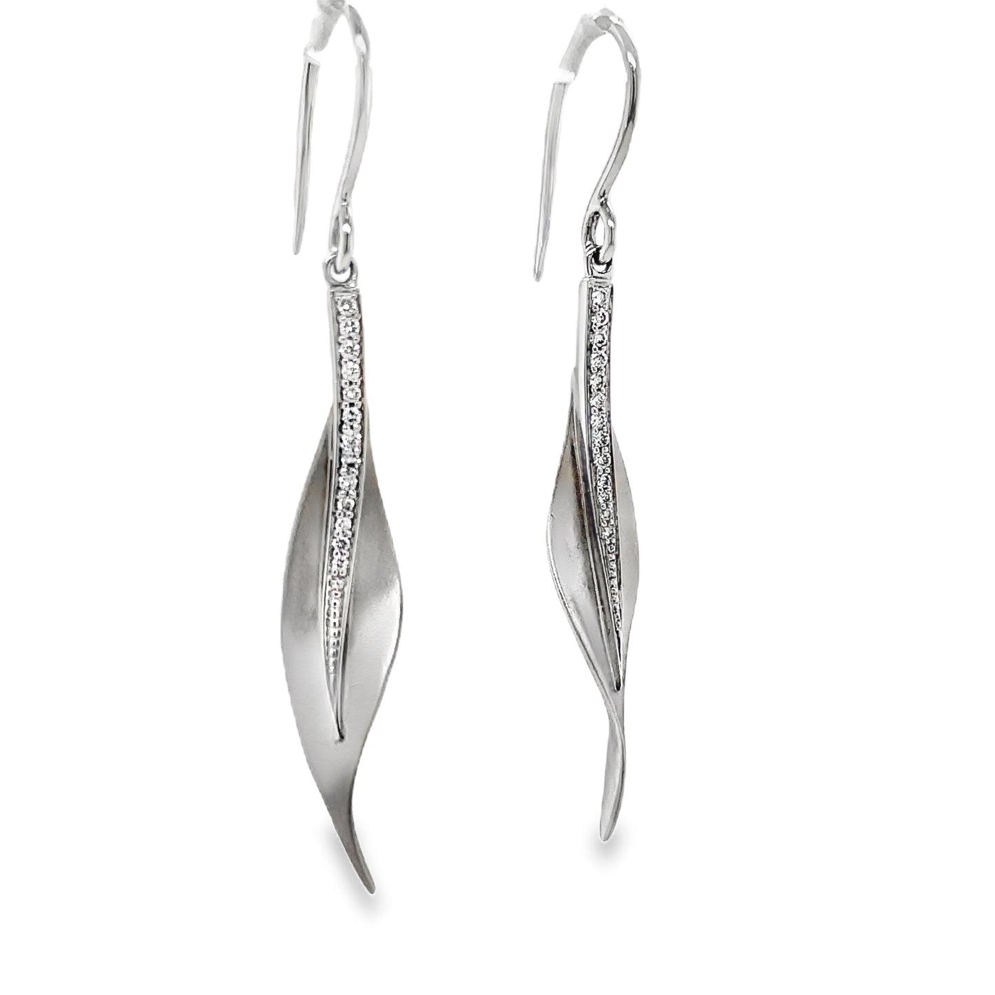 Side View of Diamond Leaf White Gold Drop Earrings