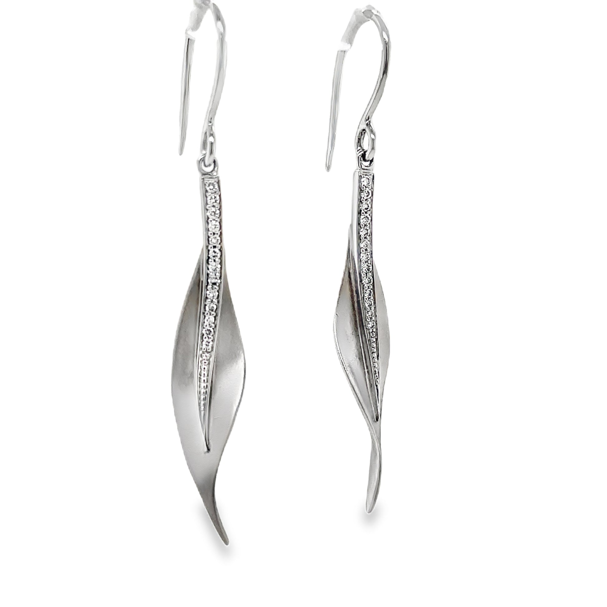 Side View of Diamond Leaf White Gold Drop Earrings