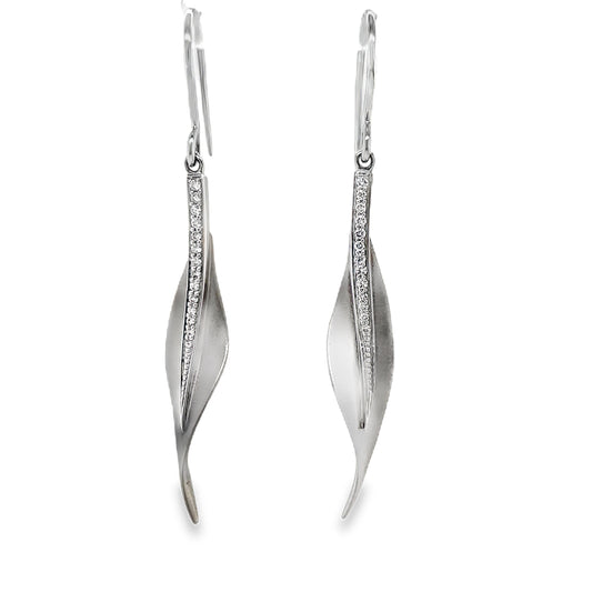 Front View of Diamond Leaf White Gold Drop Earrings 