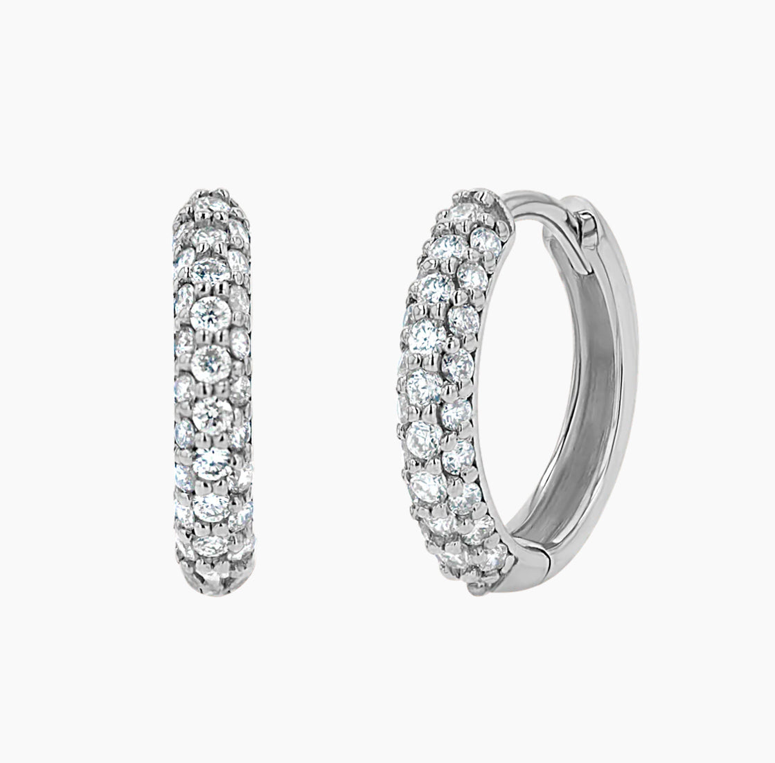 Front and Side View of 18K White Gold Three Row Diamond Pave Huggie Earrings 0.47 cts 