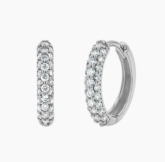 Front and Side View of 18K White Gold Three Row Diamond Pave Huggie Earrings 0.47 cts 