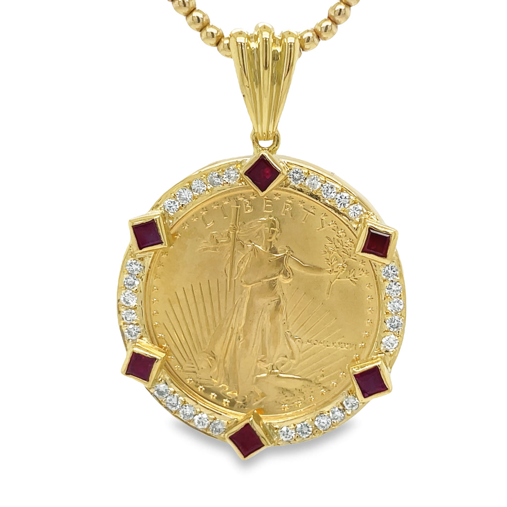 This stunning necklace features an original 1/4 oz American Eagle coin encased in an impressive bezel frame made up of 1.00 cts round diamonds and 6 rubies. A strong bail hold the bezel in place, making it a secure and beautiful addition to any jewelry collection. An 18" bead chain is available for an additional cost ($999 -441-220)